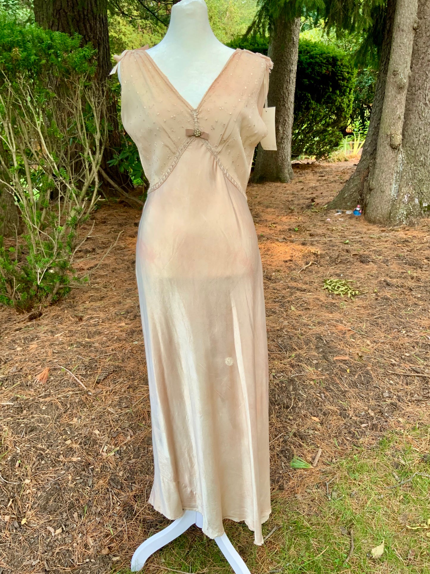 Late 1930s Tea Dyed Champagne Satin Gown Hollywood Glamour Vintage Bridal Slip Dress Boudoir-40BM