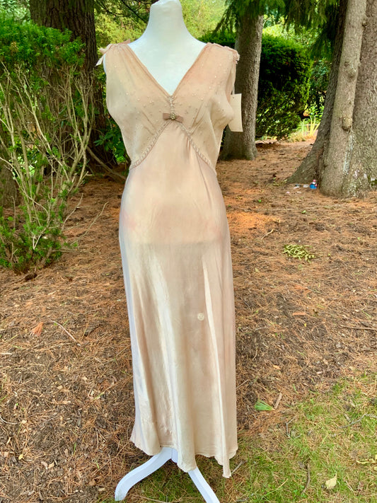 Late 1930s Tea Dyed Champagne Satin Gown Hollywood Glamour Vintage Bridal Slip Dress Boudoir-40BM