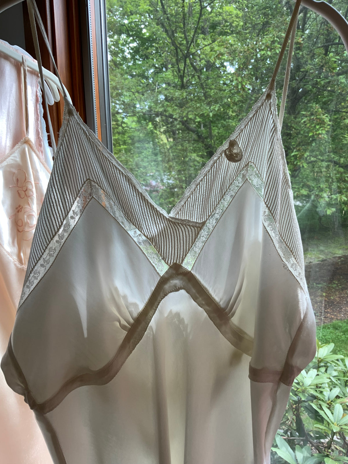 1930s White Satin Slip Dress Bias Cut Bridal Lingerie with Lace and Pleated Bust.40BU