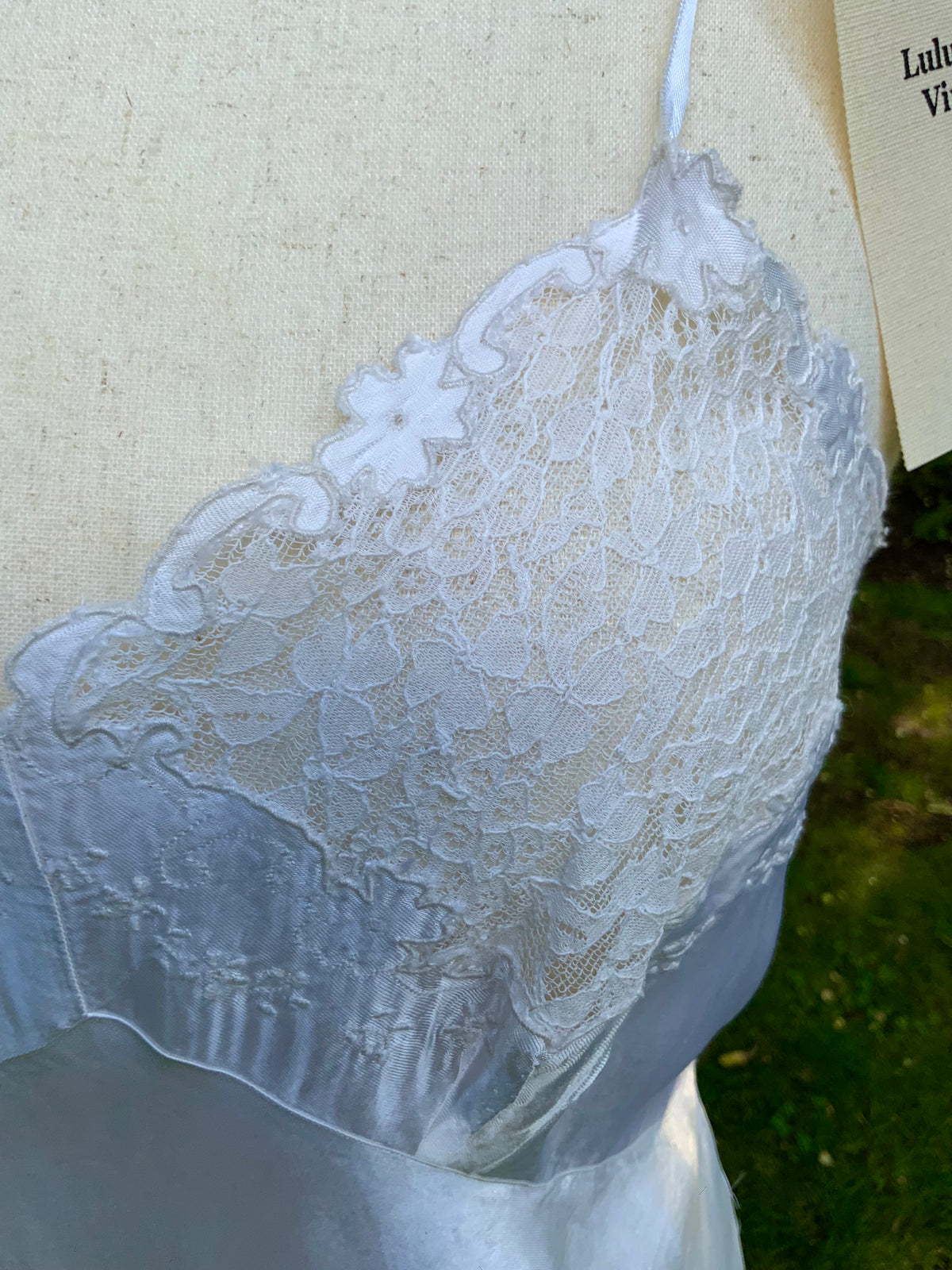 1930s White Satin Bias Cut Slip Dress with Floral Lace .40BT