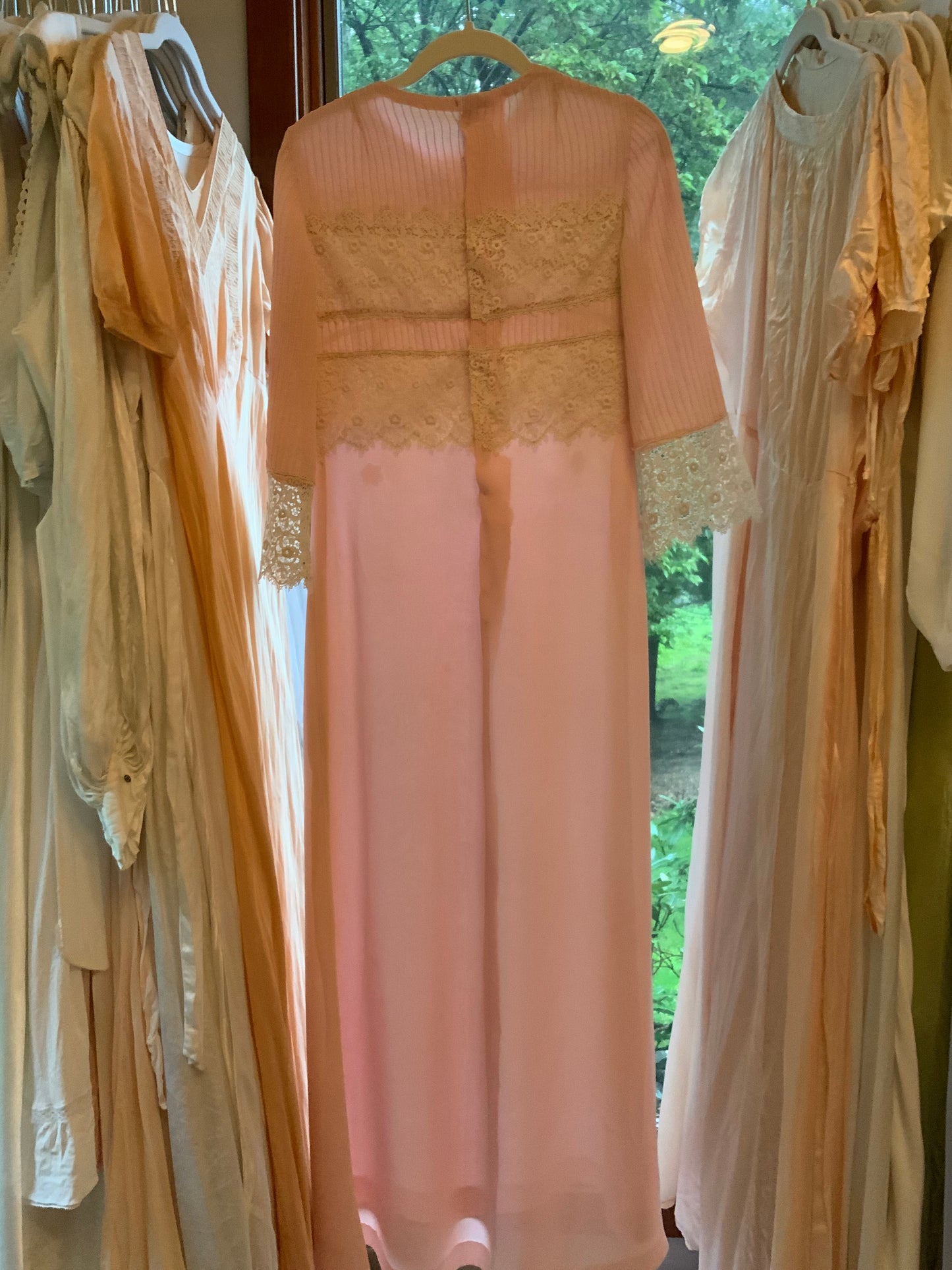 1970s Pink Lace Hostess Gown with Sheer Sleeves - 70BC