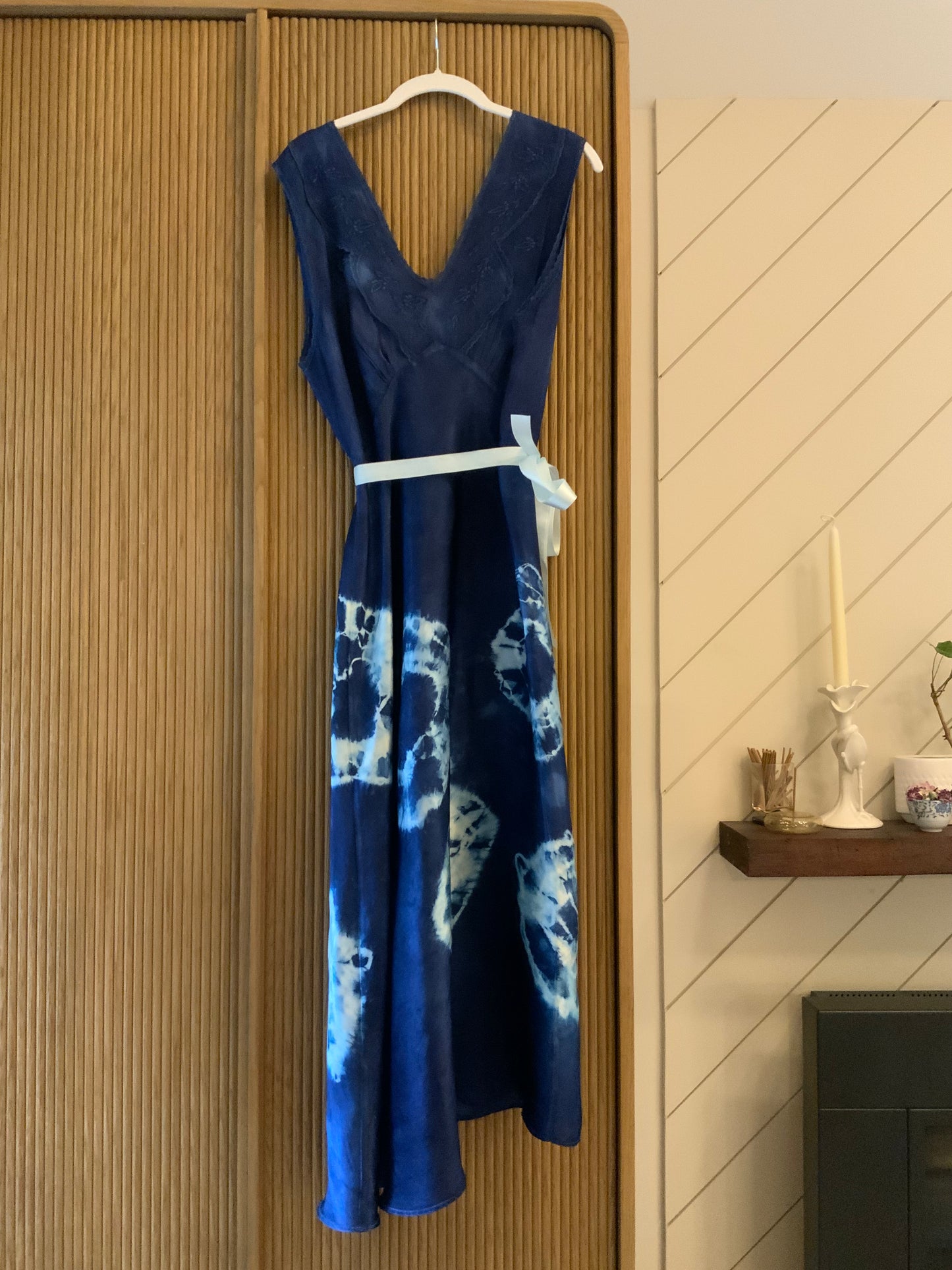 1930s Hand-Dyed Indigo Silk Slip Dress with Batik Resist Dye | OOAK
-40BN