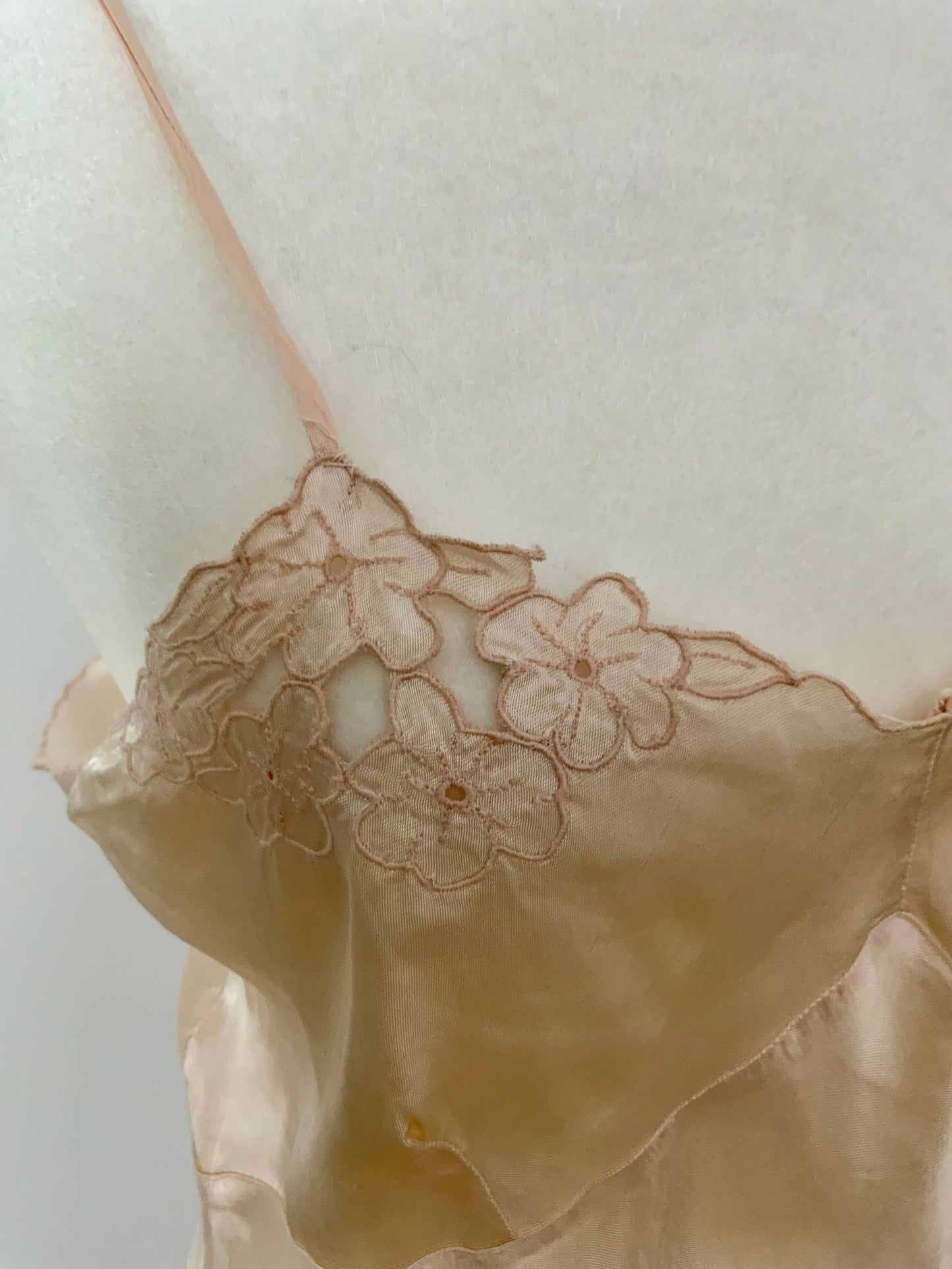 1930s Silk Satin Bias Cut Slip Dress with Floral Lace | Champagne Vintage Lingerie Gown-30BC