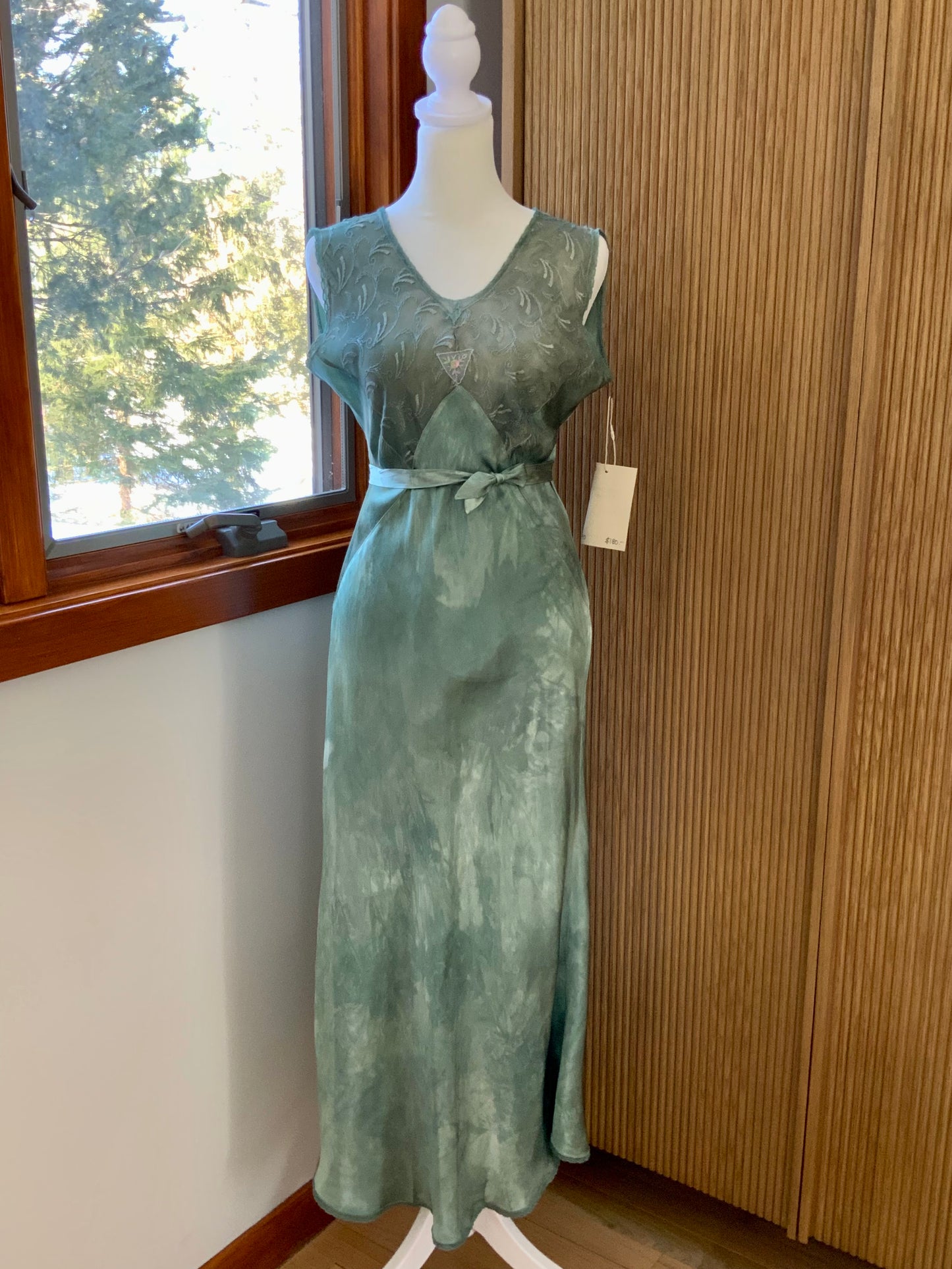 Hand Dyed Antique Satin & Chiffon Nightgown | Restored Vintage Lingerie Dress | 1930s Bias Cut Green Silk Satin Slip
- 40AD