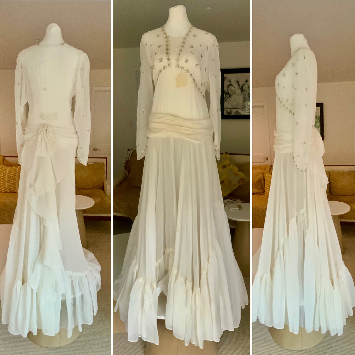 Circa 1940s Ivory Chiffon Wedding Gown with Beaded Shell Motifs and Lace Appliqués.40CH.