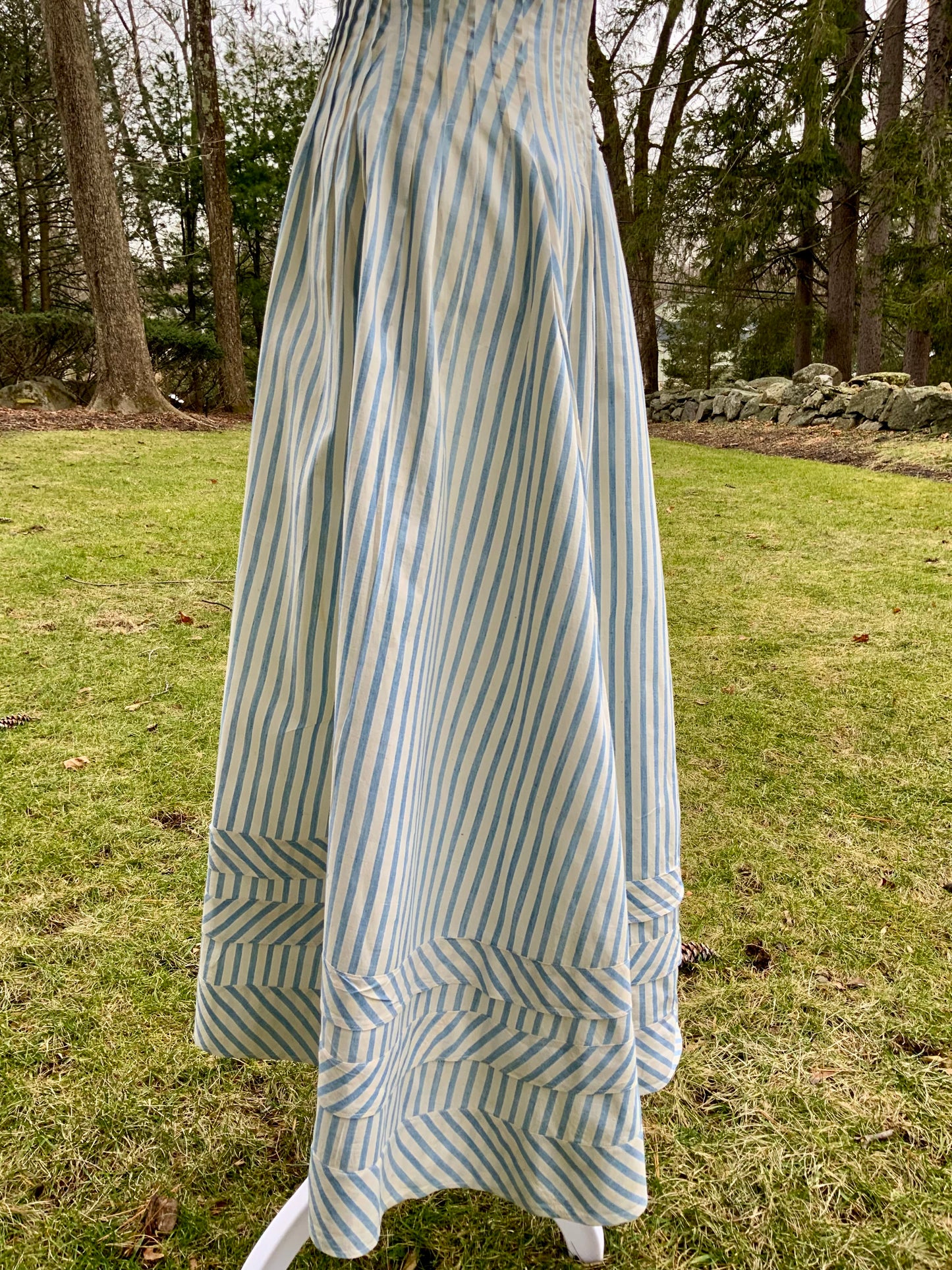 Rare 1915–1922 Edwardian Blue & Ivory Striped Cotton Summer Dress with Chevron Hem-ED42