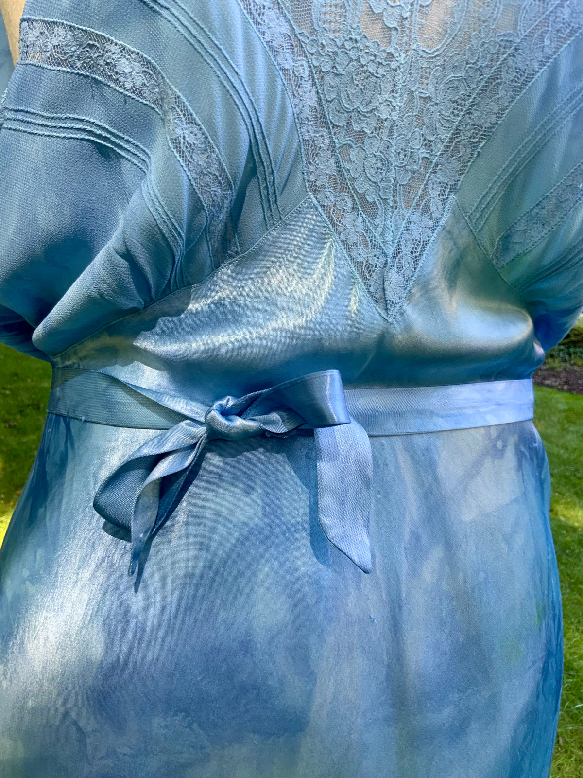1930s Hand Dyed Blue Bias Cut Satin Nightgown with Lace.40BZ