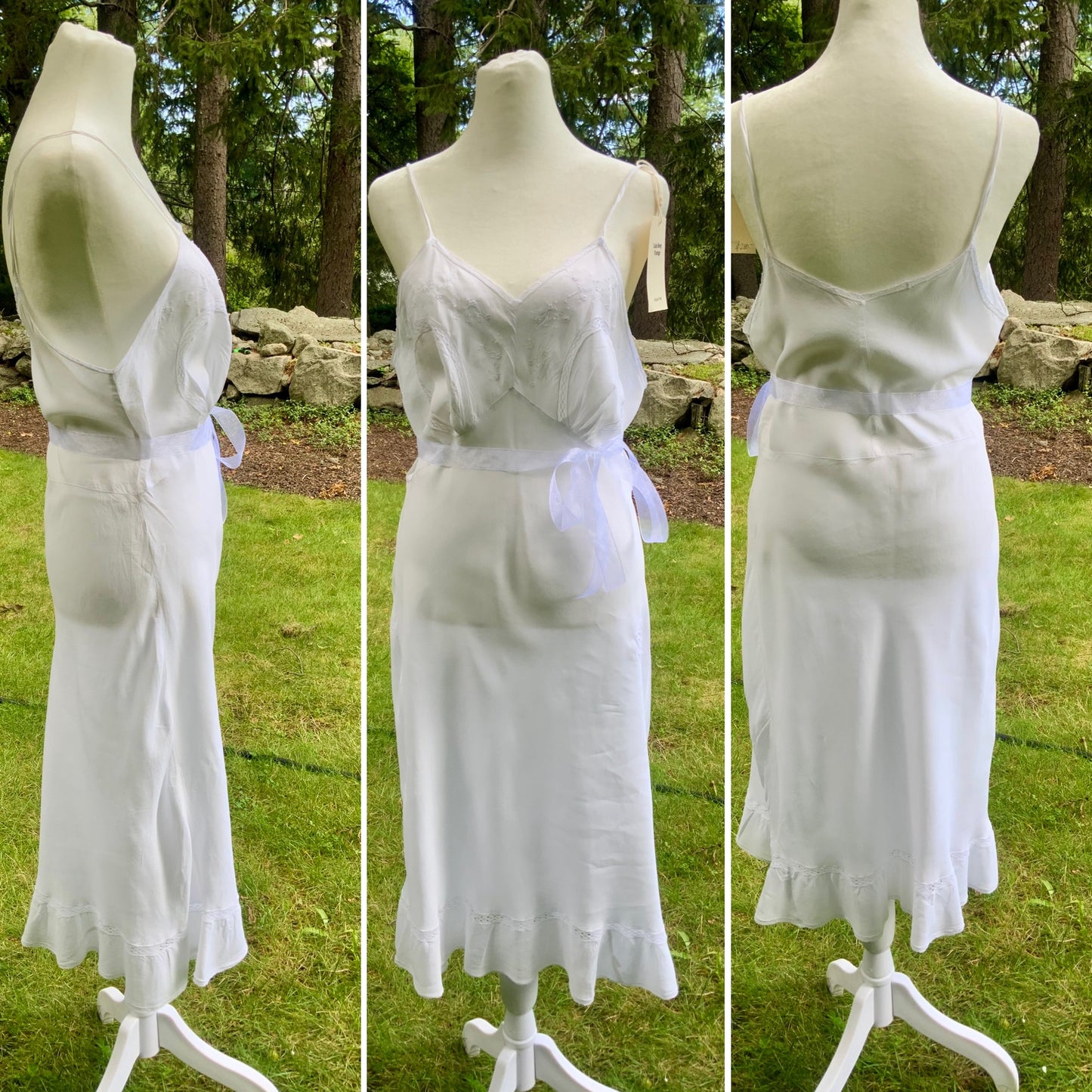 1930s White Satin Nightgown. Embroidered Bias Cut Slip Dress. Bridal Lingerie Gown .30CQ