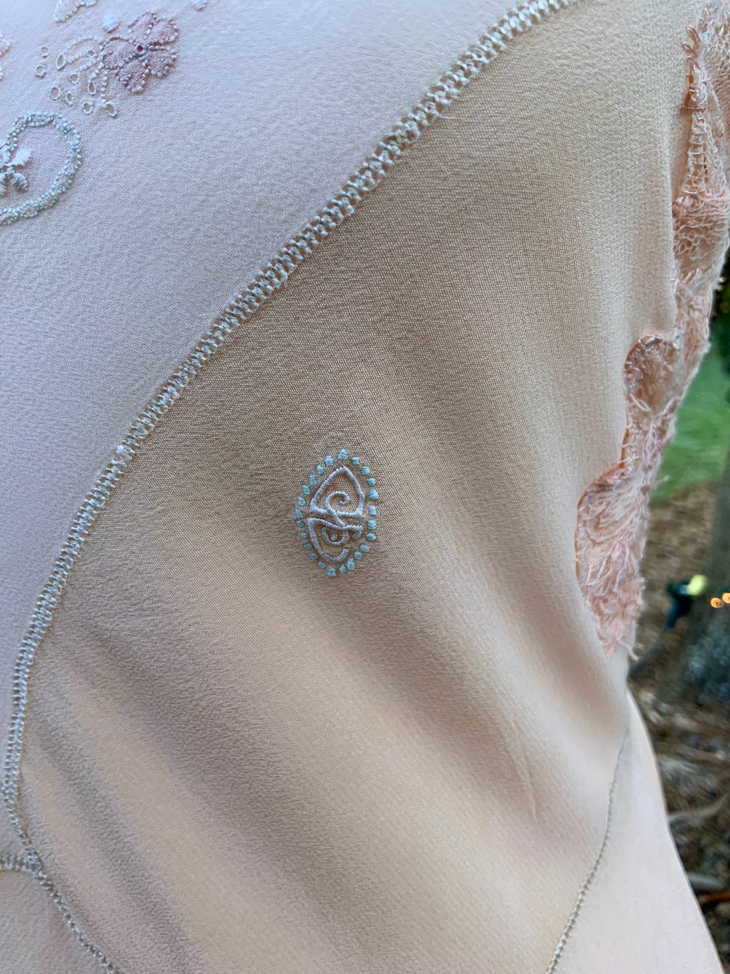 1930s Peach Rayon Nightgown with Art Deco Embroidery & Restored Lace Appliqués – Bias Cut Vintage Lingerie - 30AZ