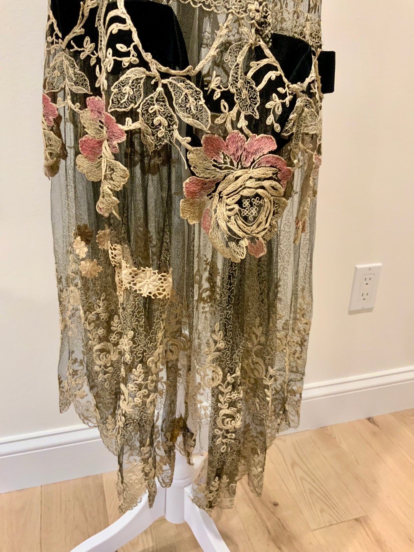 Rare 1920s French Lace Dress. Black Net & Pink Floral Embroidery. Restored Antique Flapper Dress.20AT.