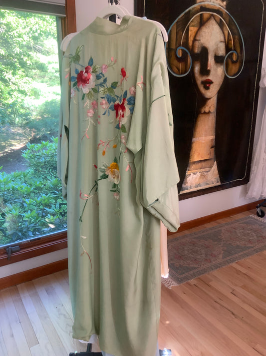 Vintage Japanese Silk Embroidered Kimono | Celadon Green Floral Robe
-40CD