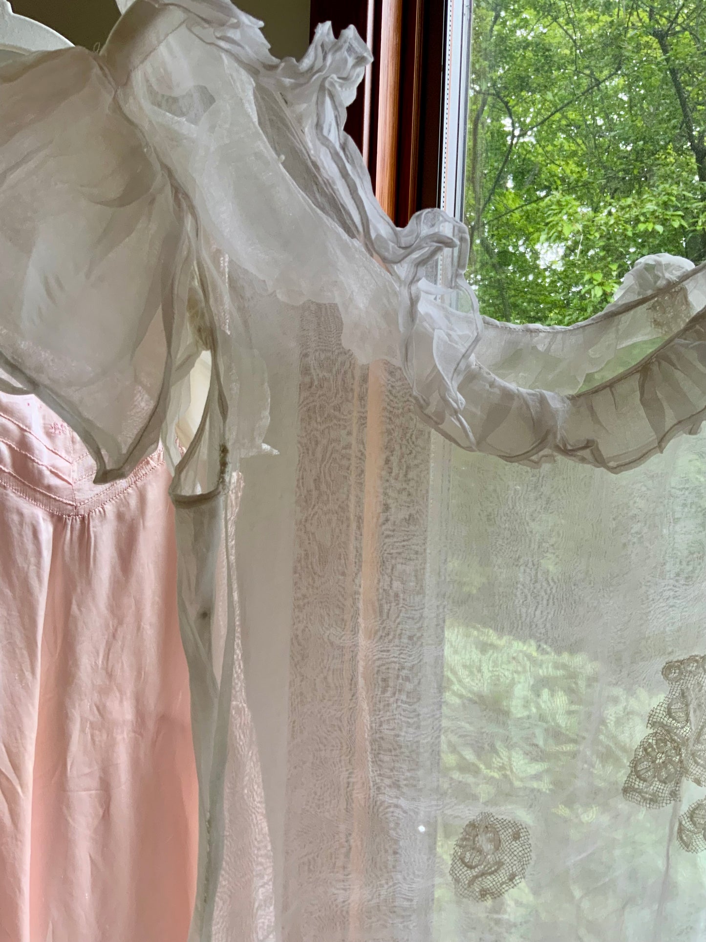 Ethereal Antique Organza Dress with Dramatic Ruffle Details and Lace Restorations
-20AJ