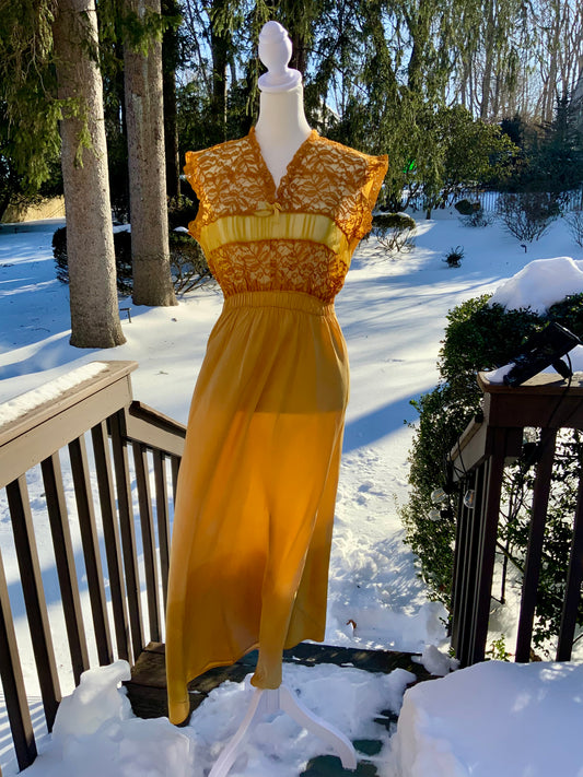 Hand-Dyed 1930s–40s Silk Chiffon Lace Nightgown – Golden Sunset-30BD