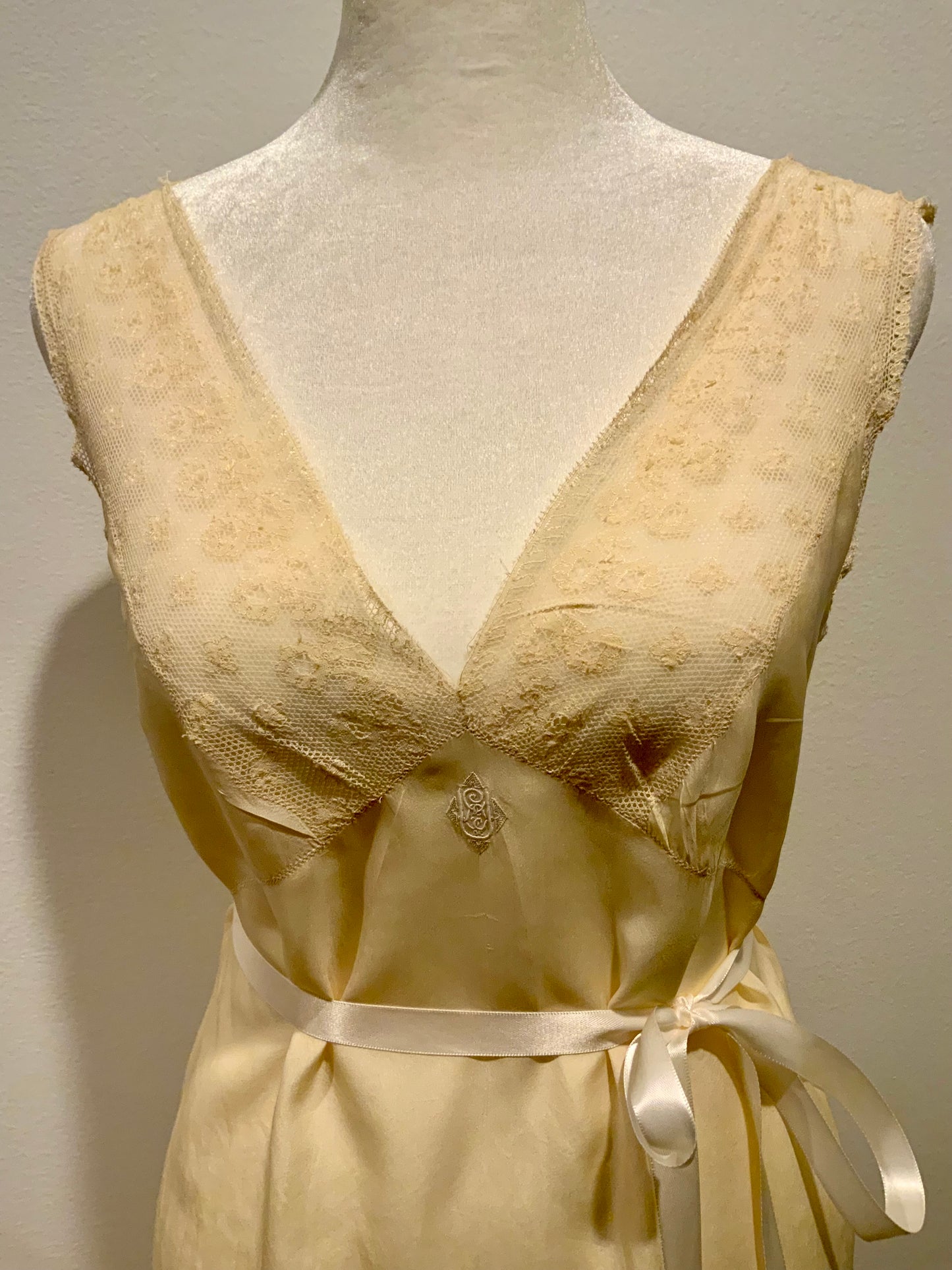 1920s–30s Pure Silk Lace Bias Cut Bridal Nightgown | Antique Monogrammed Trousseau Dress-20AV