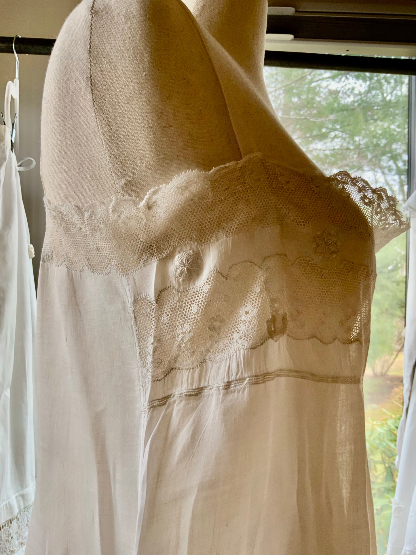 Antique 1910s Cotton Batiste Lingerie Dress with Lace Insertion & Hand Embroidery-ED74