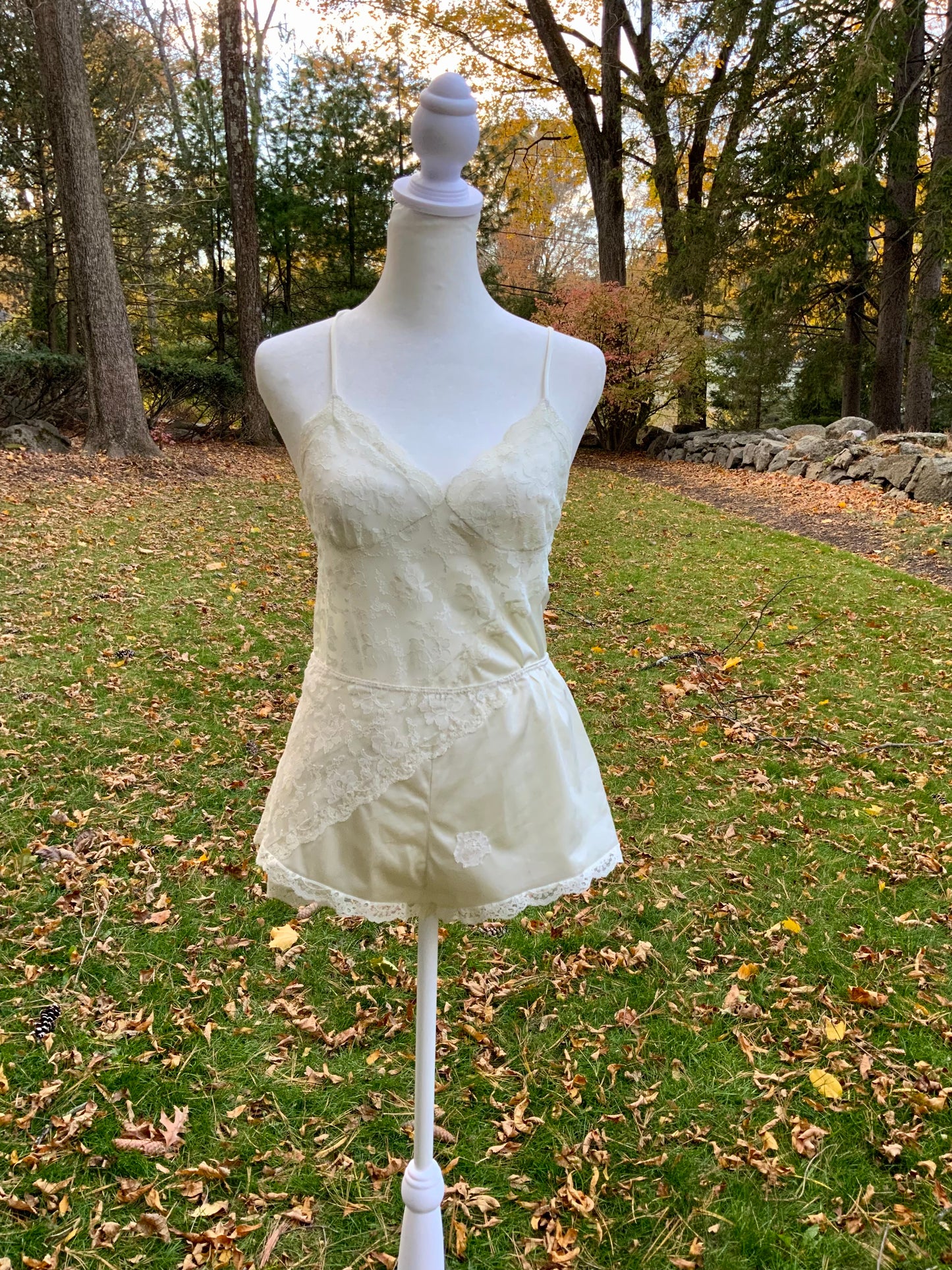 Vintage Bob Mackie for Glydons Ivory Lace & Satin Teddy | Late 1970s Designer Lingerie- 70X