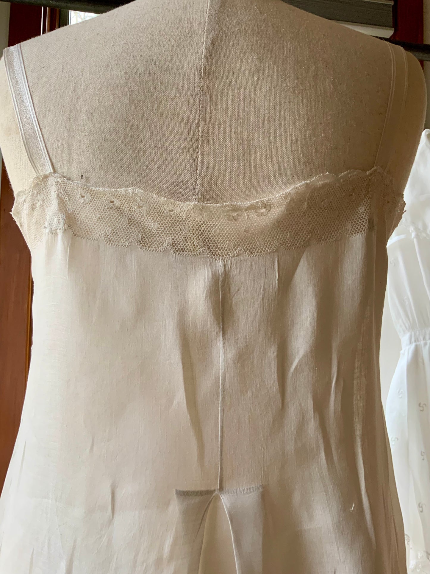 Antique 1910s Cotton Batiste Lingerie Dress with Lace Insertion & Hand Embroidery-ED74