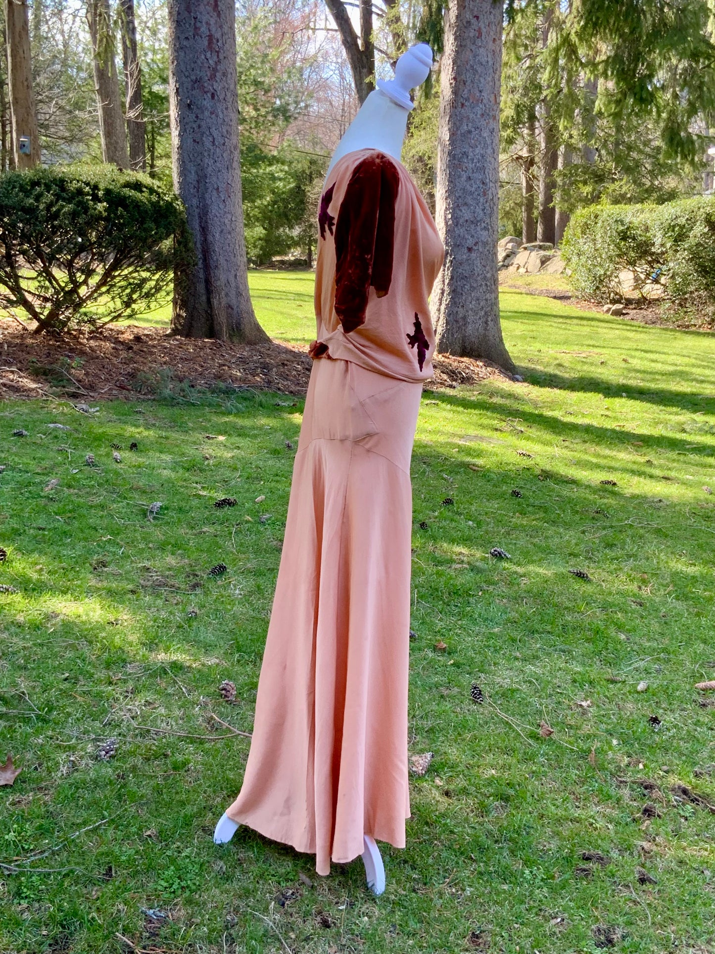 1930s Silk Crepe Evening Dress in Dusty Peach with Velvet Accents and Draped Waist | Artfully Restored-Iconic-30BH