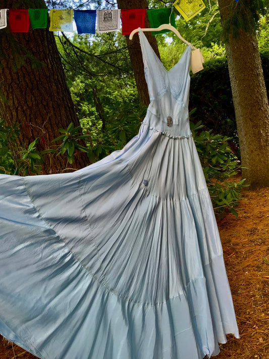 Rare 1930s Powder Blue Tulle & Satin Evening Gown | Bias Cut Skirt | XXS.40BQ