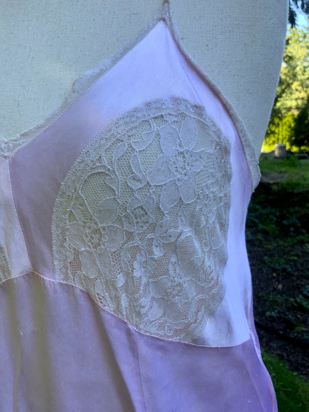 1930s Pink Satin Slip Dress with Lace and Chiffon Ruffle.30CJ