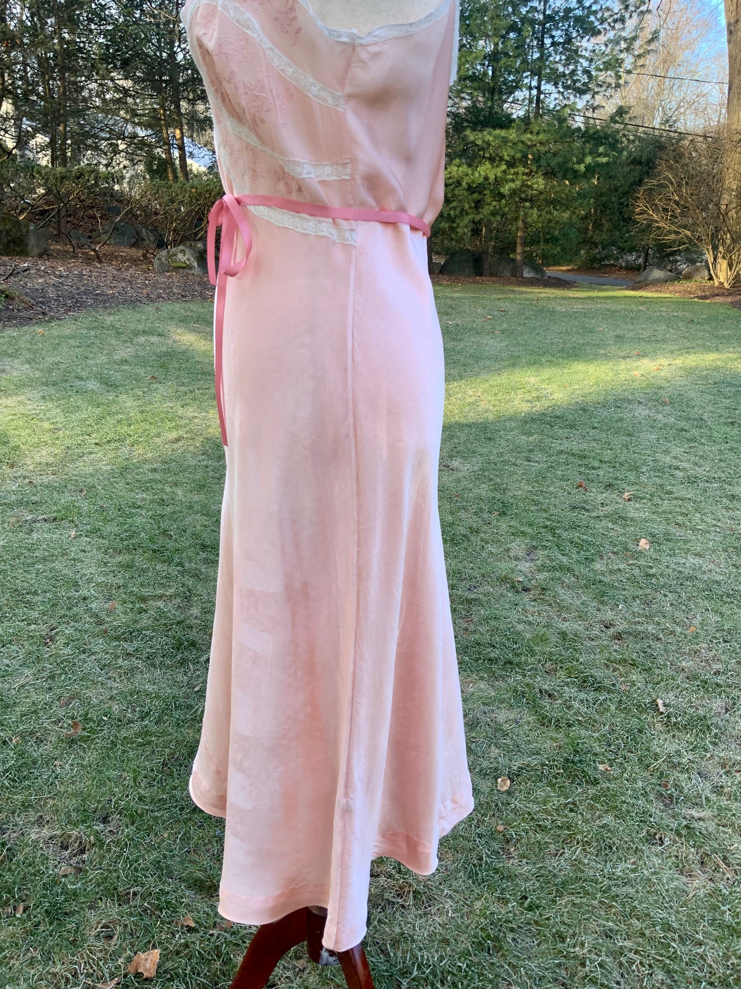 1930s Blush Satin & Chiffon Slip Dress – Floral Embroidery & Lace Panels - 30BA