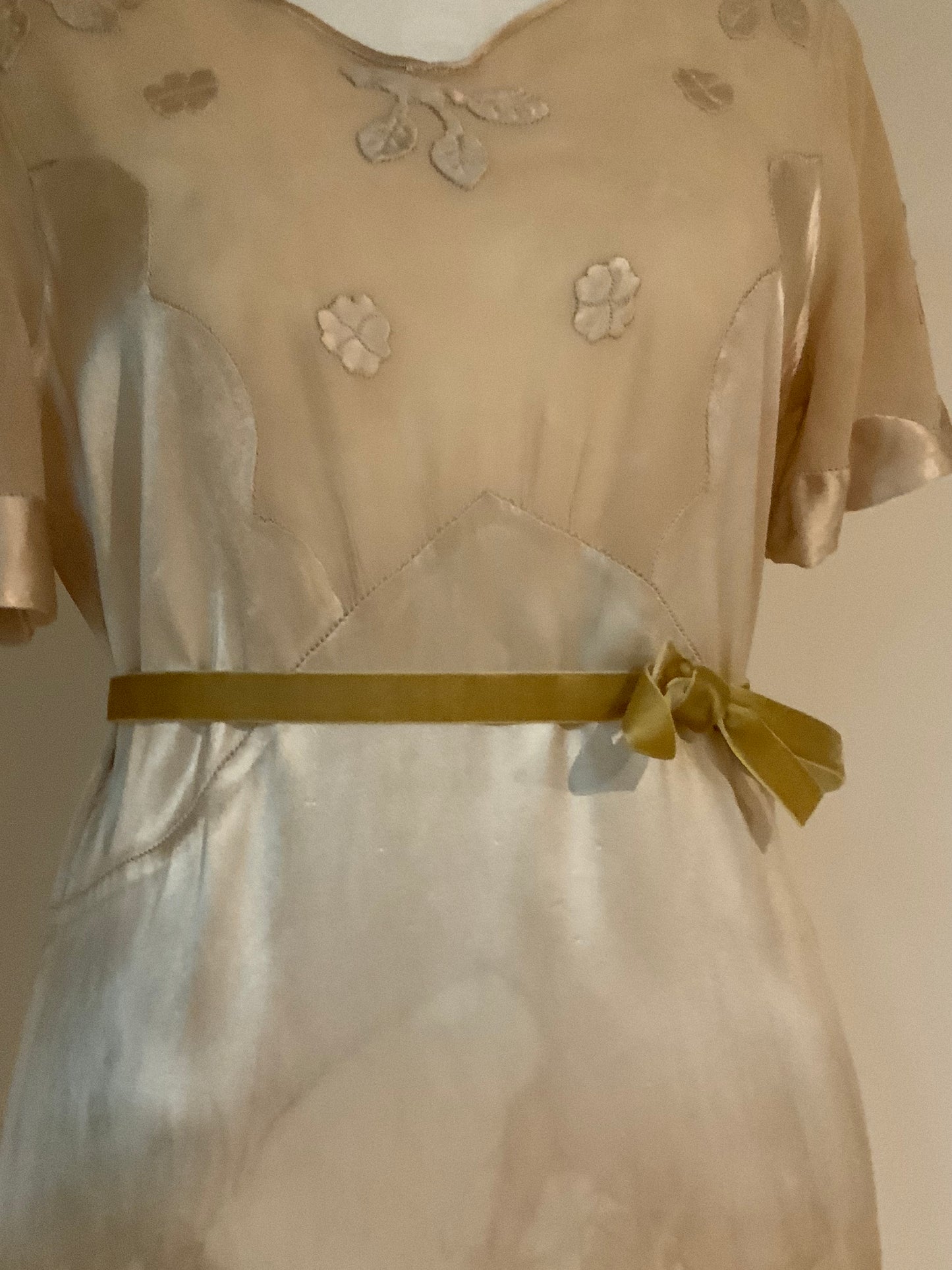 Rare 1930s Tea-Dyed Silk Hostess Gown with Original Floral Appliqué Details