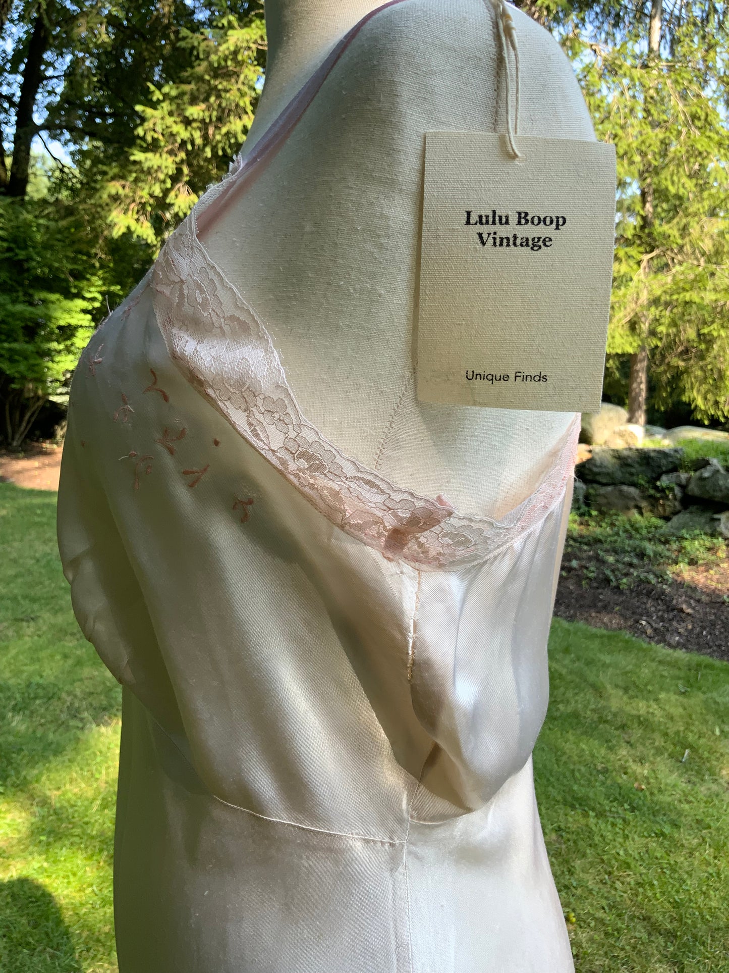 1940s Pink Embroidered Satin Slip Dress. Ivory Lace Lingerie. Romantic Boudoir Gown.40CA