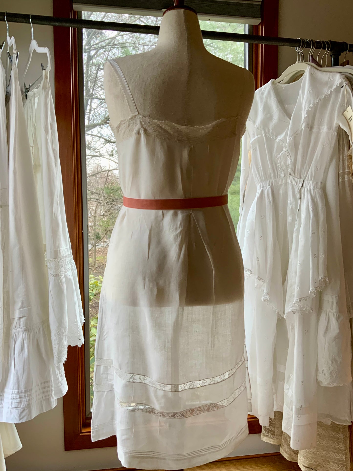 Antique 1910s Cotton Batiste Lingerie Dress with Lace Insertion & Hand Embroidery-ED74