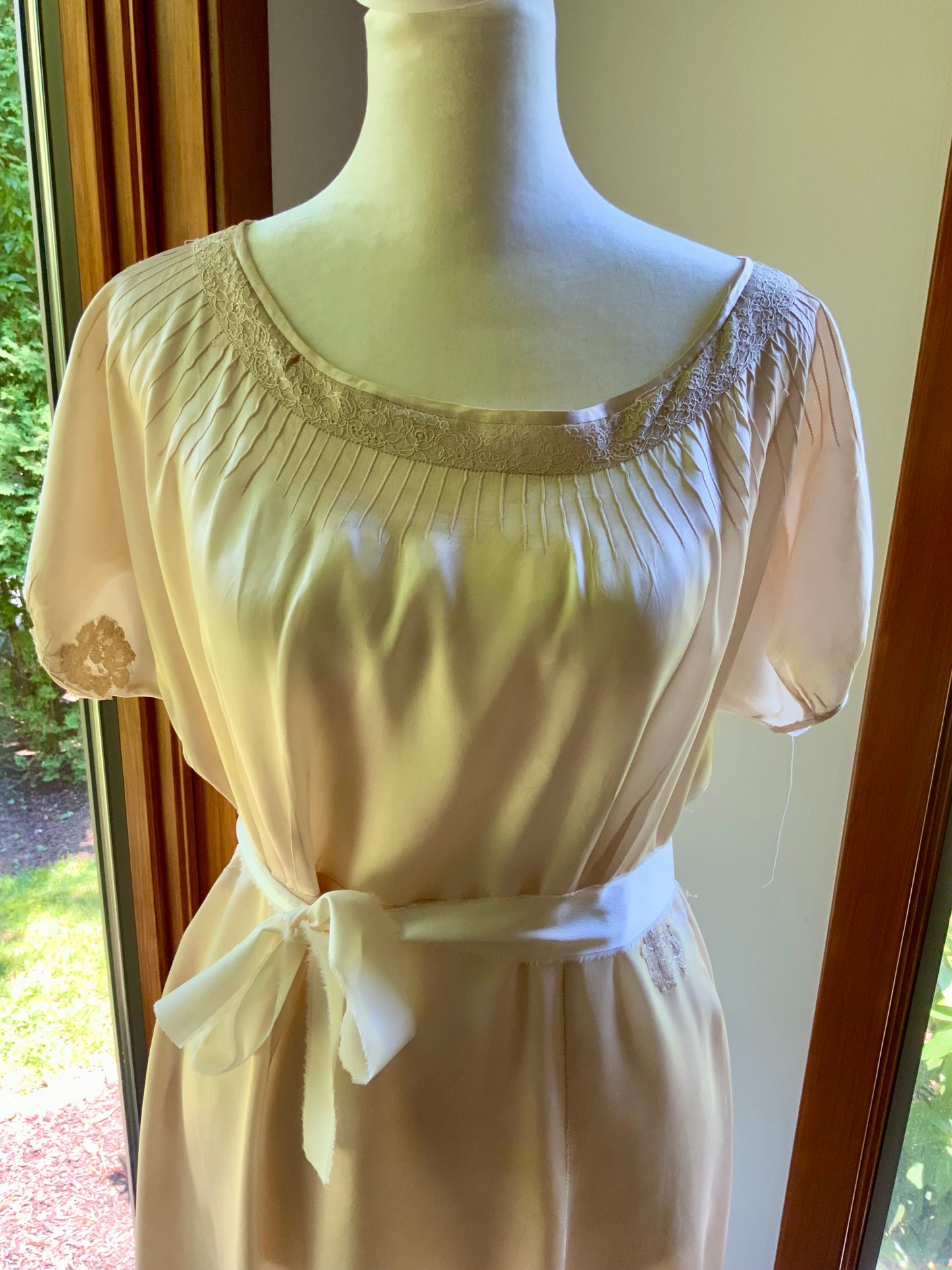 1930s Tea Dyed Silk Gown | Restored Antique Silk Lounge Dress | Lace Appliqué