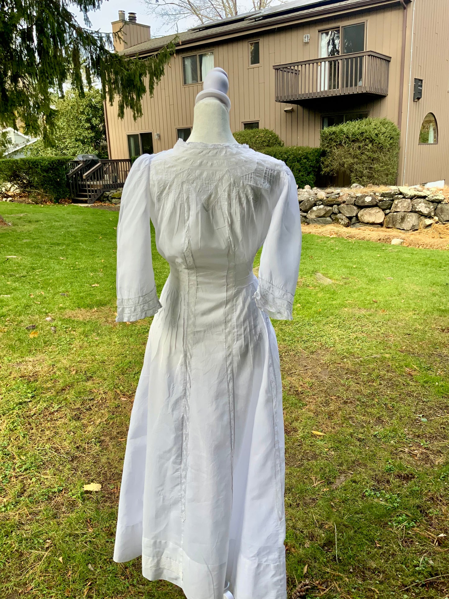 Edwardian White Cotton Lace Tea Dress c.1908–1914 — Pintucks, Lace Inserts - ED37