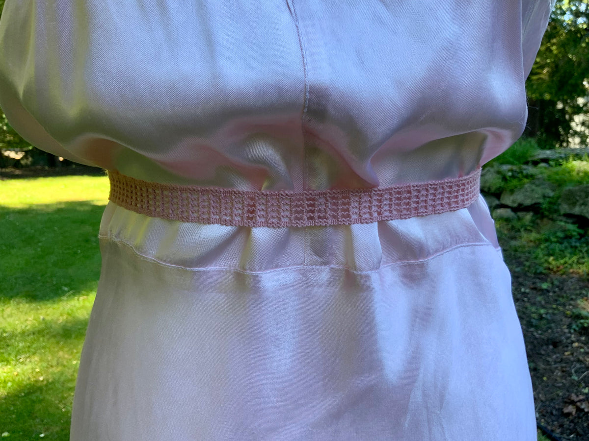 1930s Blush Pink Satin Bias Cut Slip Dress with Pleated Trim.30CN