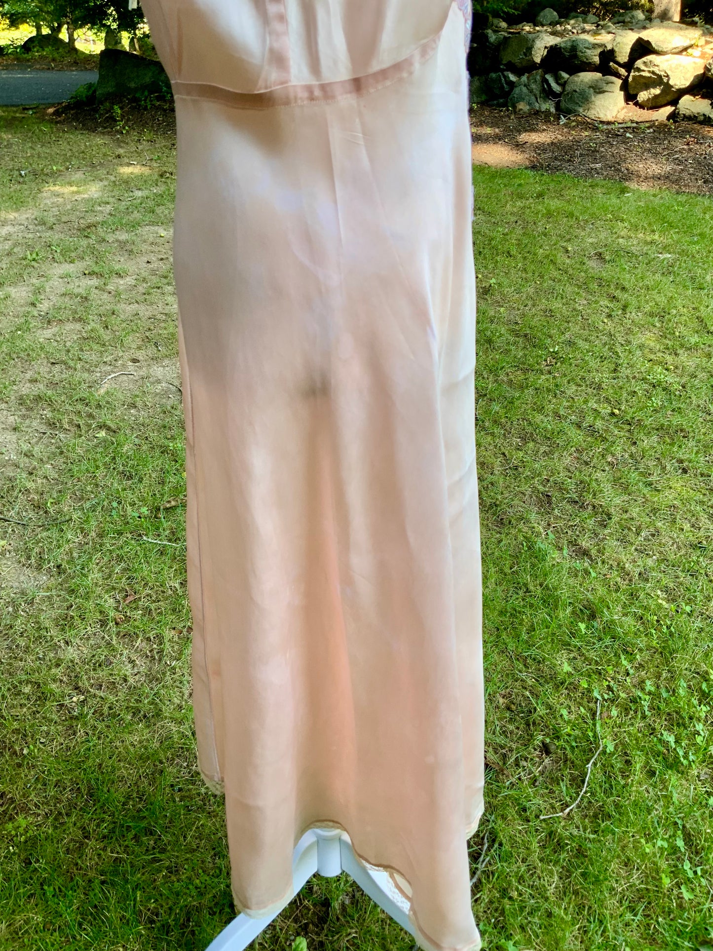1940s Vintage Peach Satin Slip Dress Embroidered Floral Bodice Restored Bridal Boudoir Nightgown.40CG