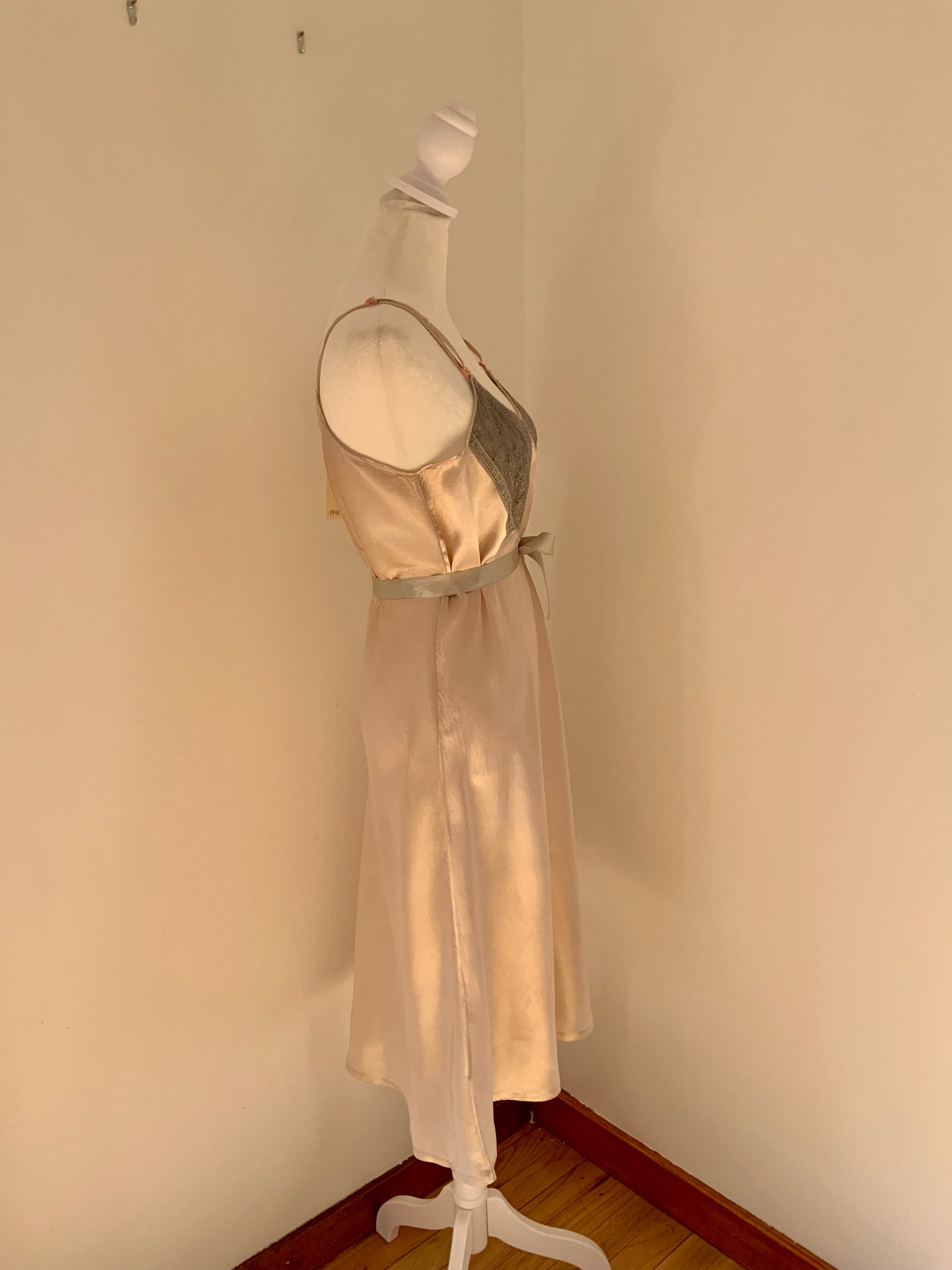 Vintage Silk Slip Dress – Hand Dyed Champagne and Grey with Lace Bodice & Satin Ribbon
 - 40Pi