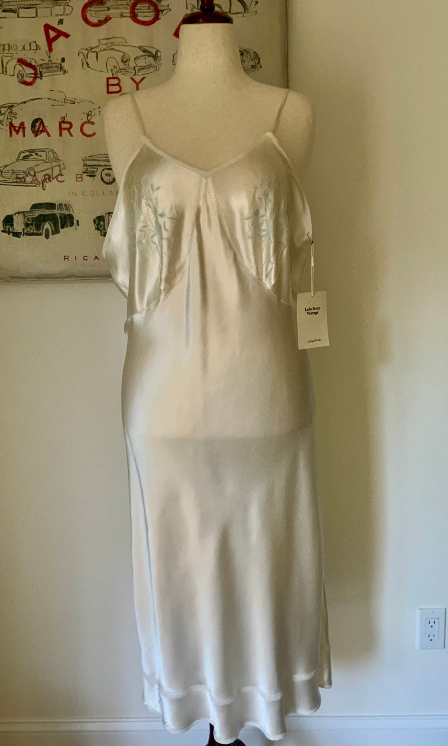 1930s Ivory Silk Satin Embroidered Slip Dress | Blue Floral Boudoir Nightgown | Bias Cut Bridal Lingerie | Old Hollywood Glamour-40AV