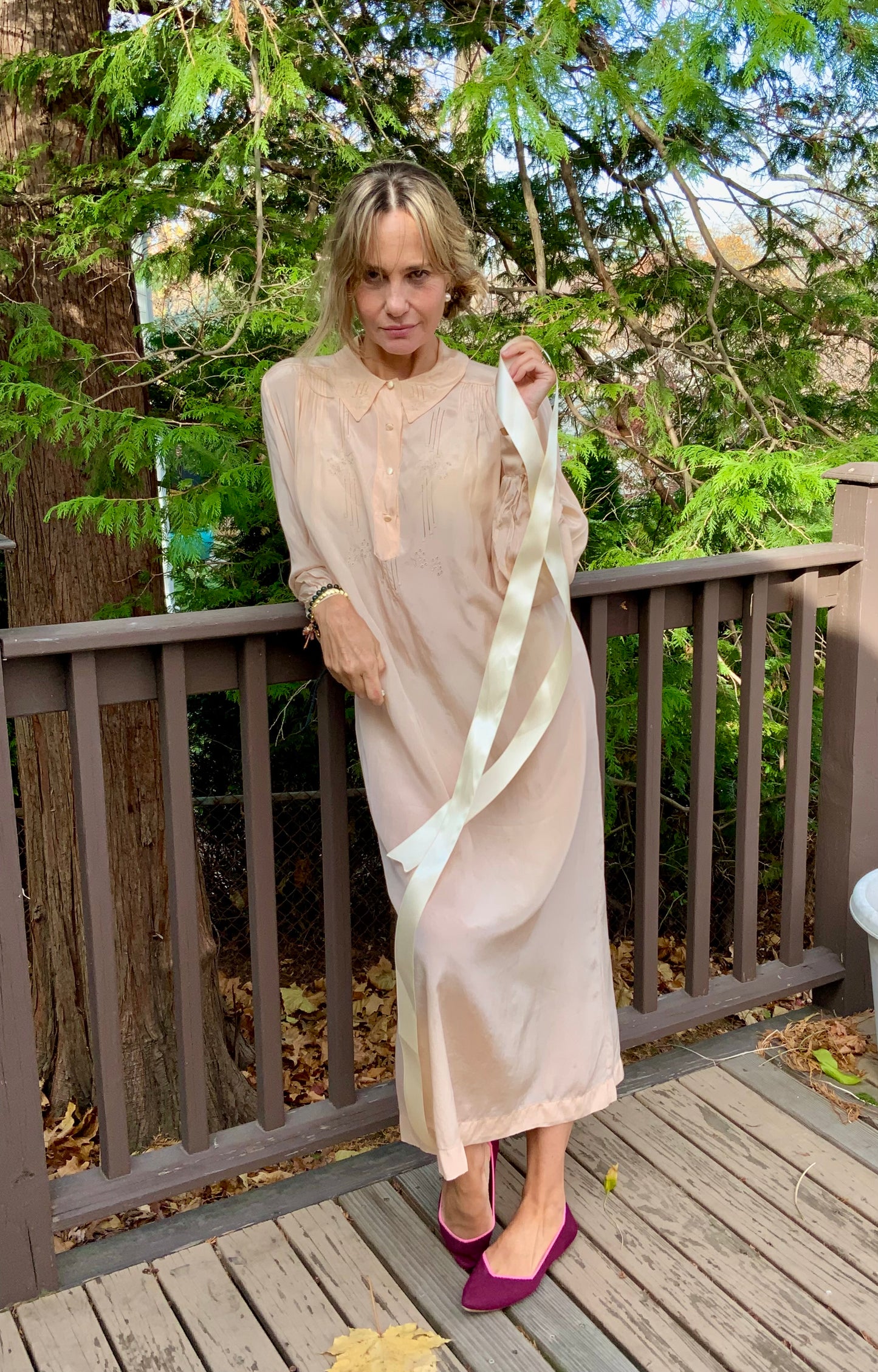 Long Sleeve Silk Nightgown Embroidered - 20s