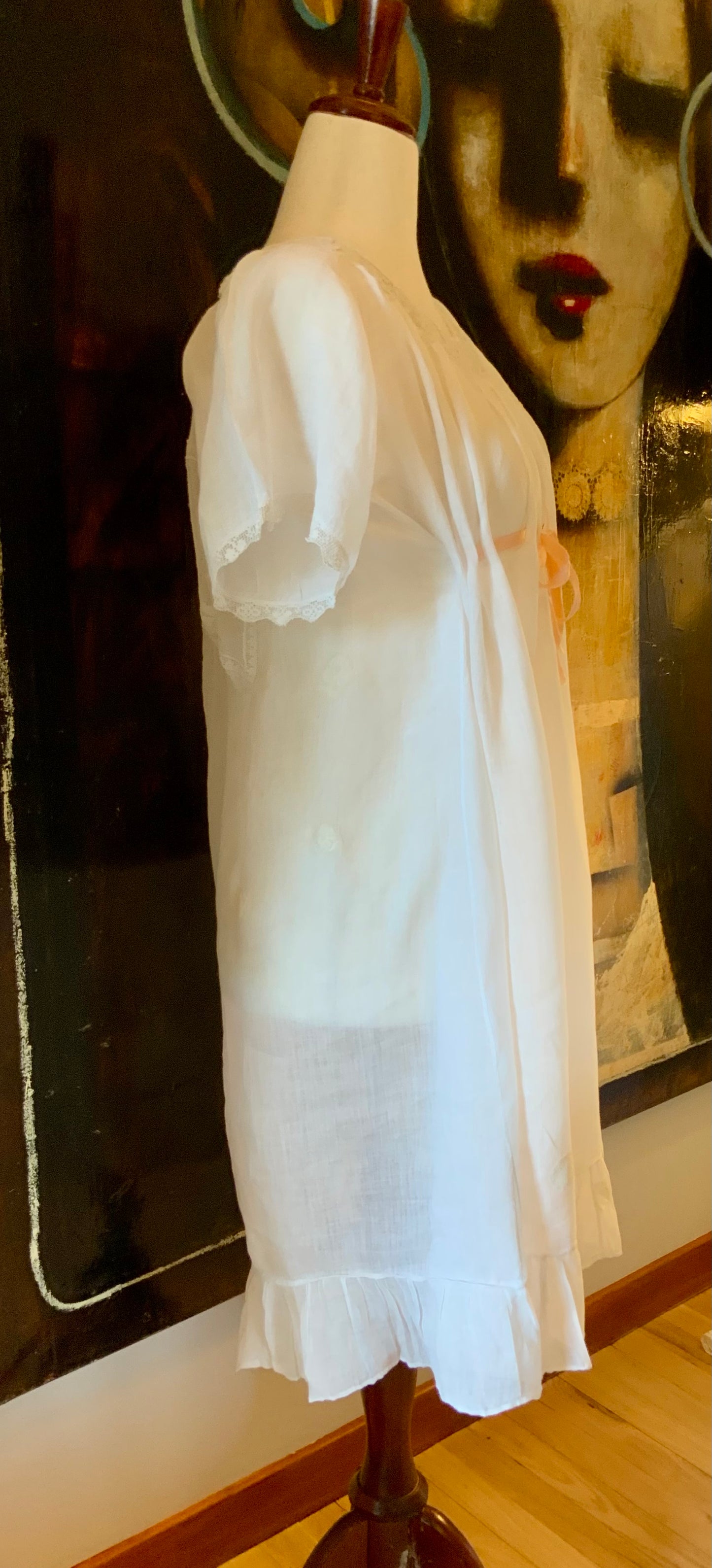 Antique Edwardian Cotton Nightgown “Carmela” Hand Repaired with Filet Lace Appliqués – Restored Heirloom Piece-ED81