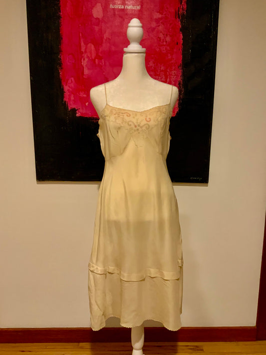 1930s Hand-Embroidered Pure Silk Slip Dress | Champagne - 30AT