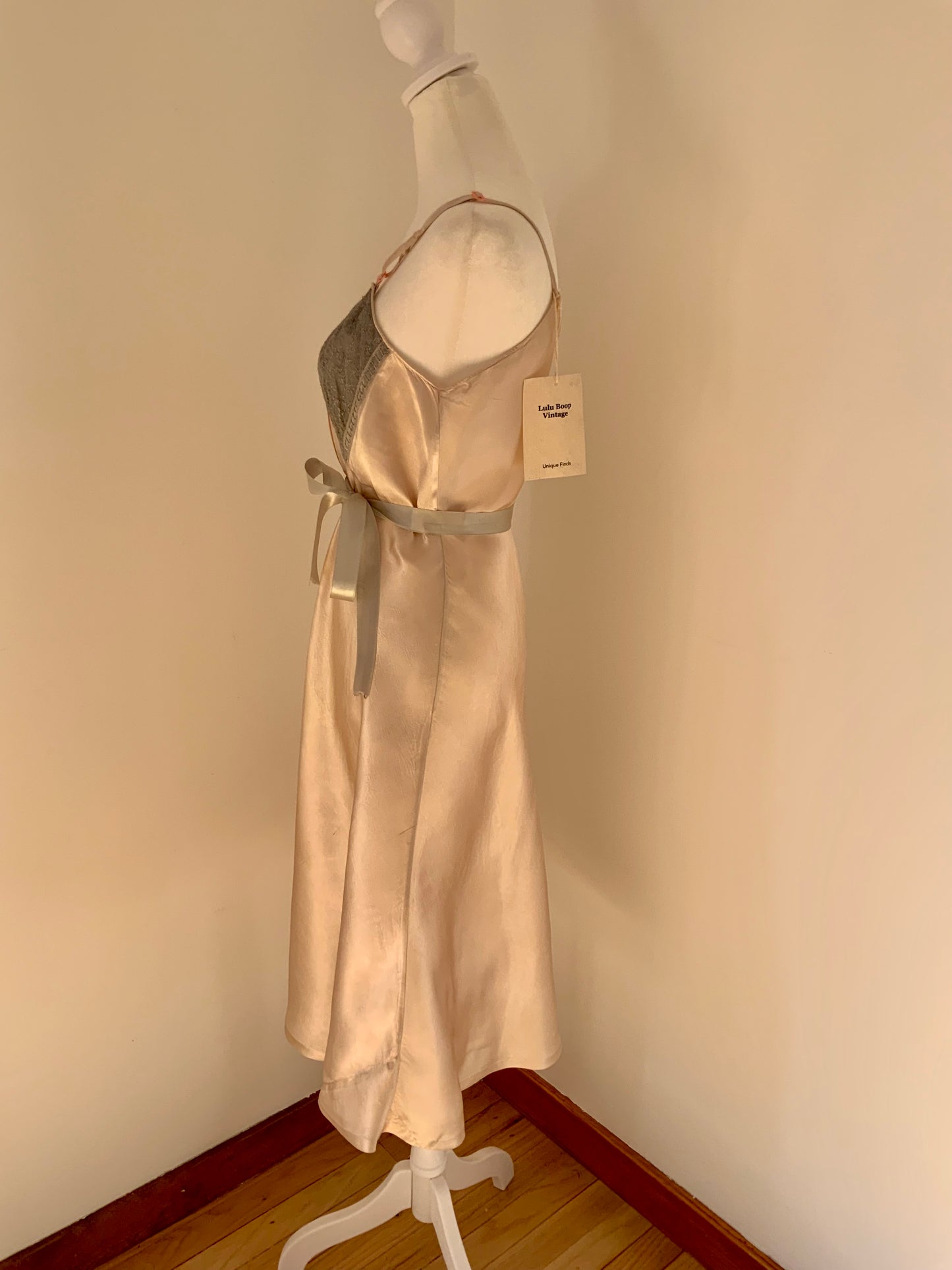 Vintage Silk Slip Dress – Hand Dyed Champagne and Grey with Lace Bodice & Satin Ribbon
 - 40Pi
