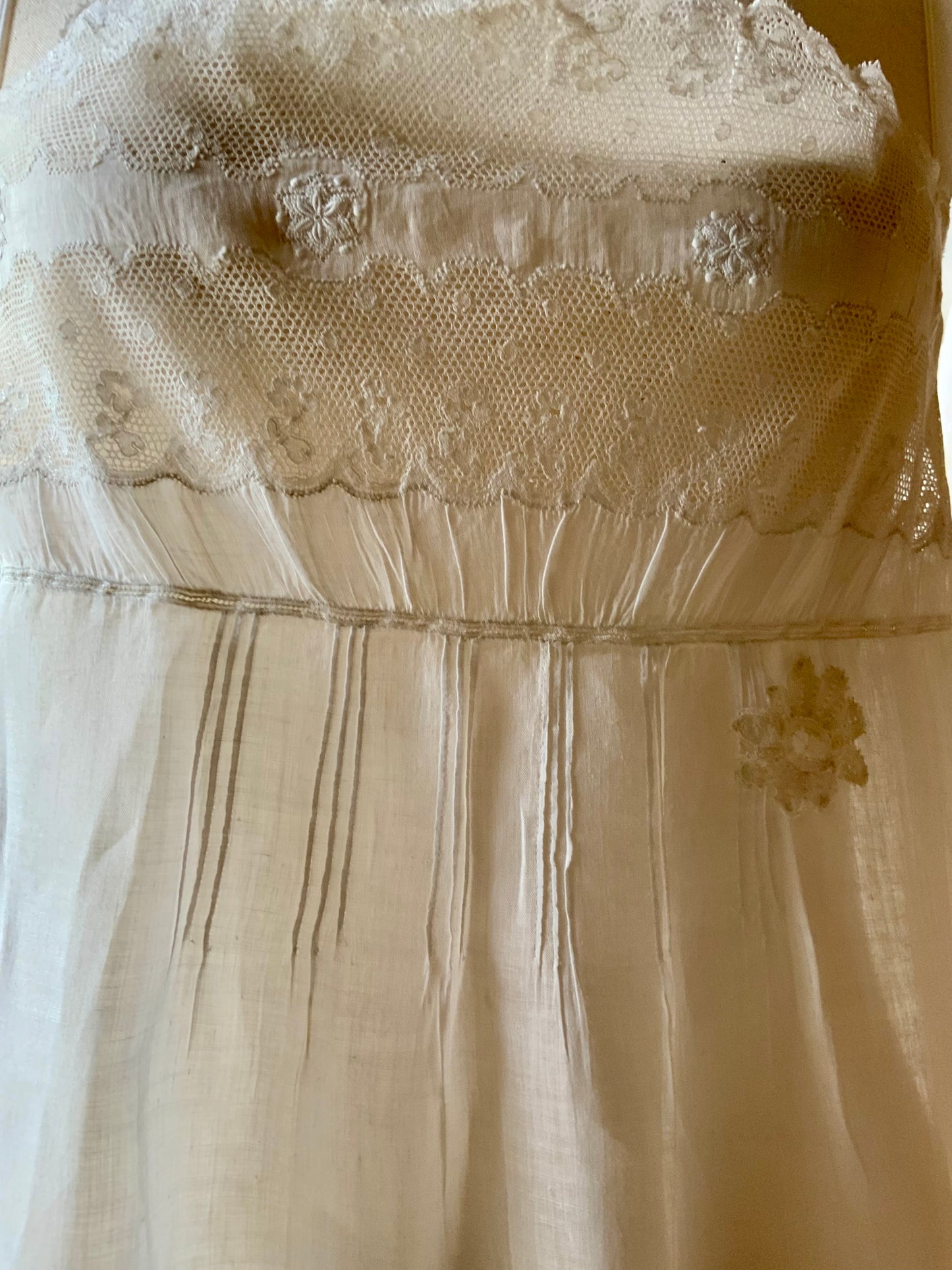 Antique 1910s Cotton Batiste Lingerie Dress with Lace Insertion & Hand Embroidery-ED74