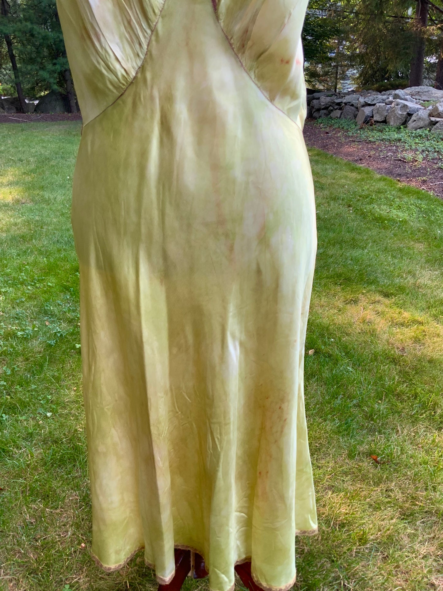 1930s Hand Dyed     Botanical Inspired Hand Dyed Silk Slip Dress. One of a Kind Woodland Fairy Bias Cut Gown.30BZ