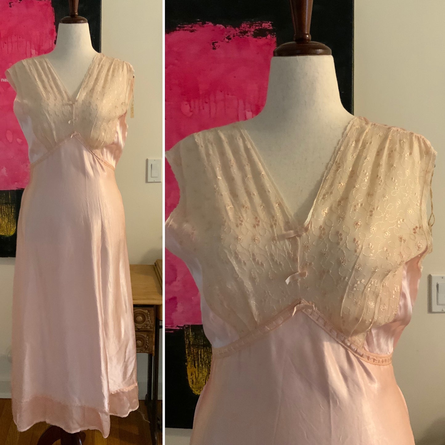 Satin  PeachNightgown Embroidered - 40s - L