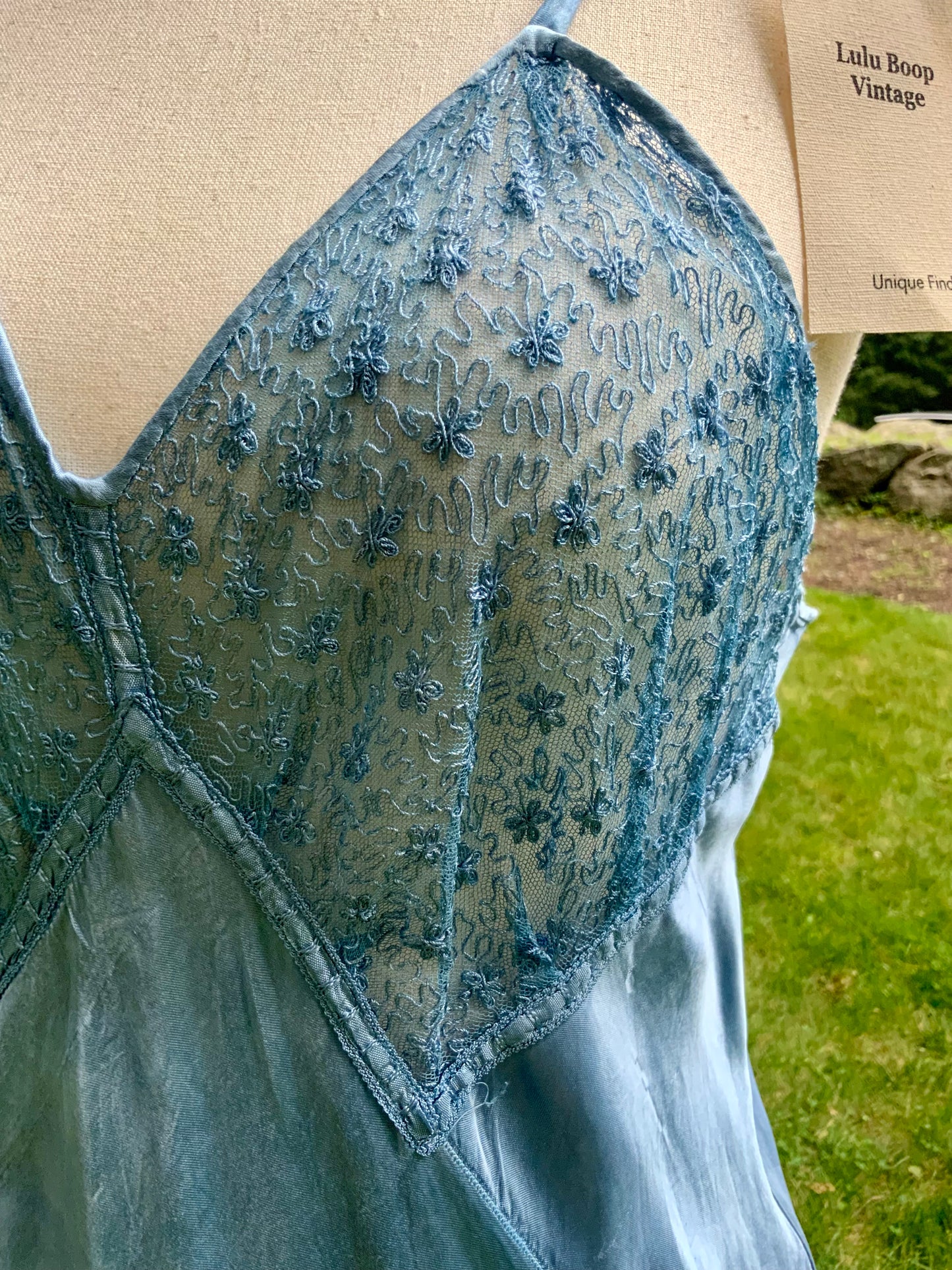 1930s early 40s Hand Dyed Blue Satin Slip Dress | Embroidered Sheer Bodice | Bias Cut Vintage Inspired Lingerie Dress | One of a Kind-40BH