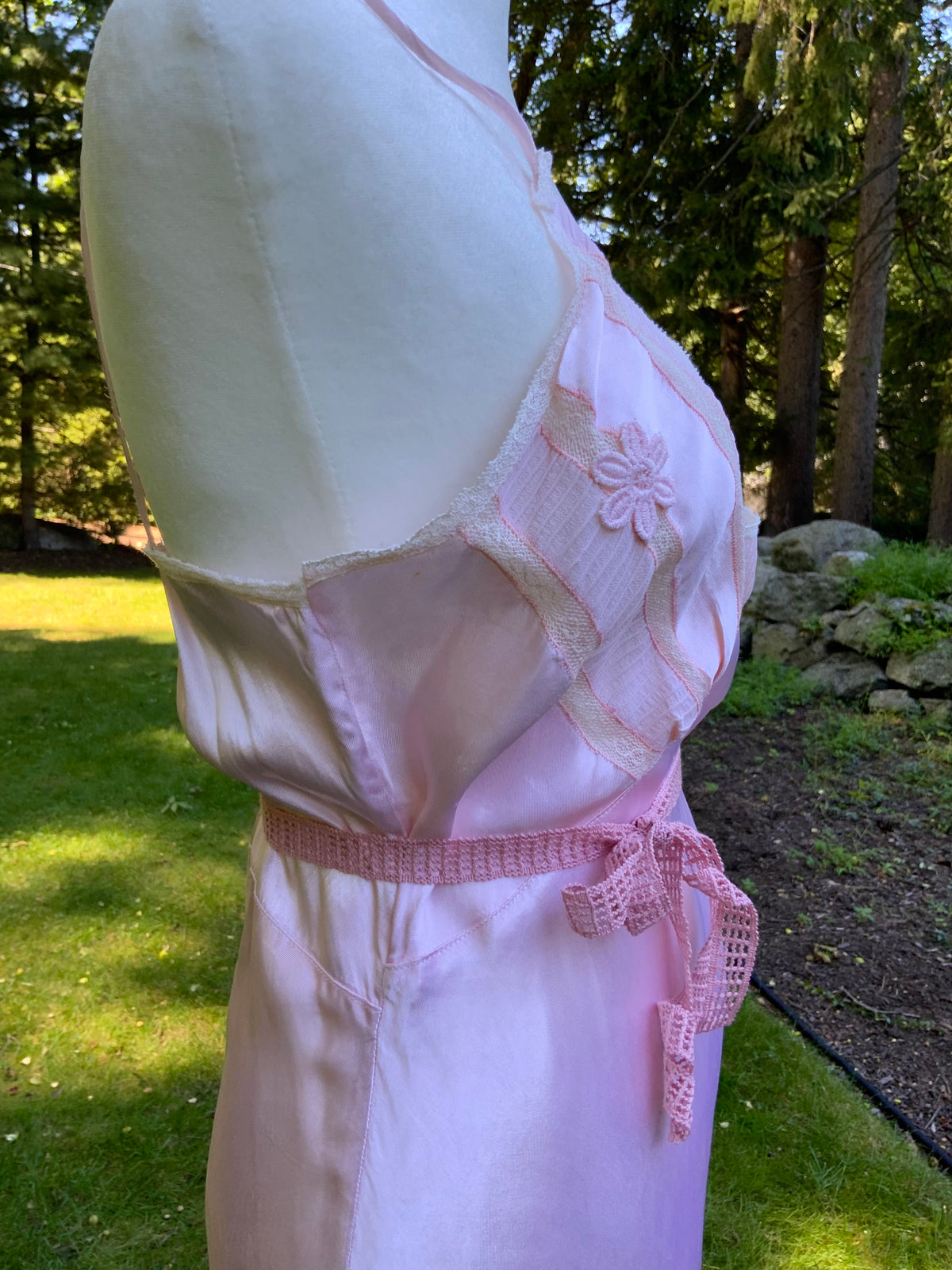 1930s Blush Pink Satin Bias Cut Slip Dress with Pleated Trim.30CN