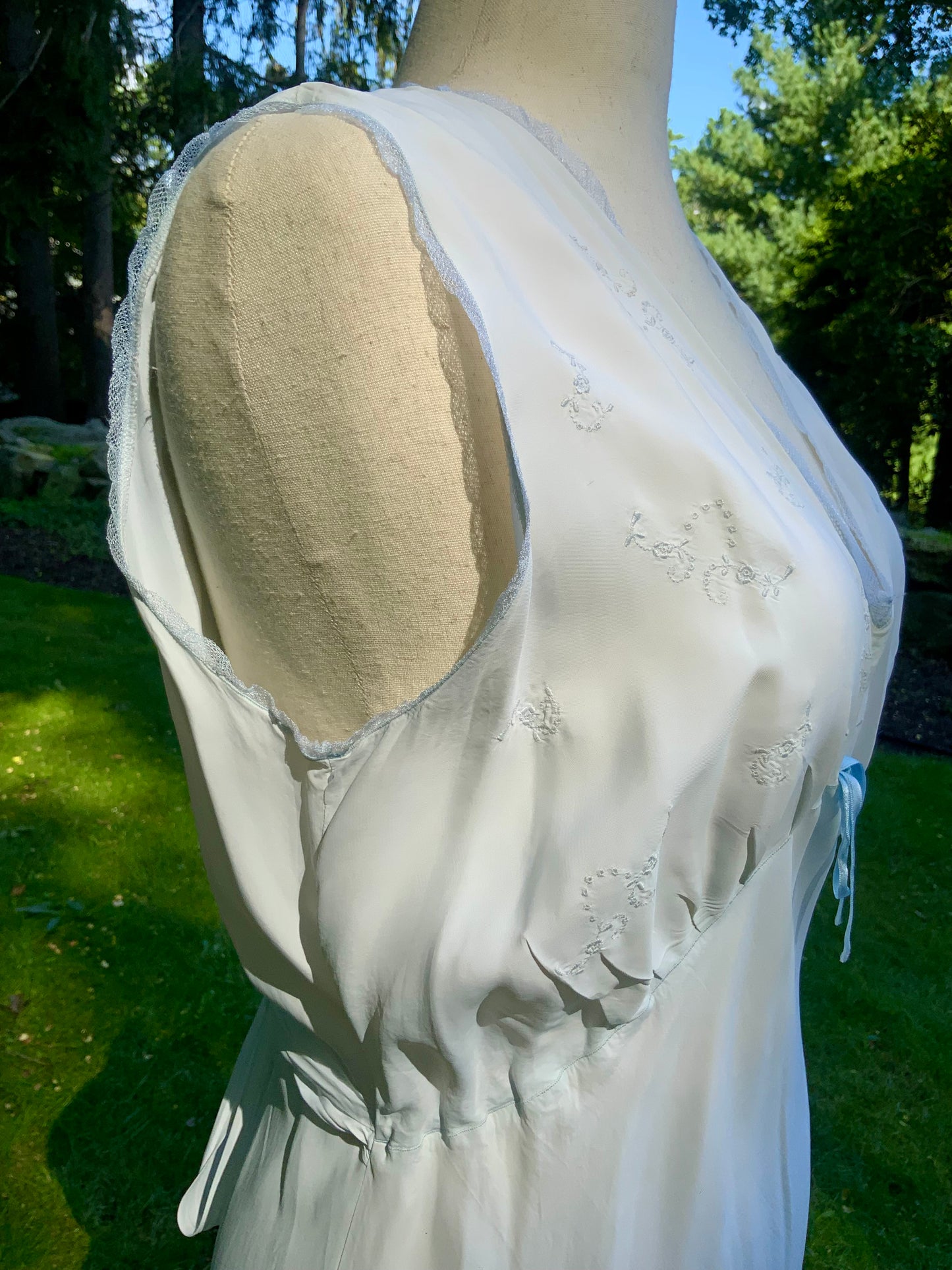 1930s Pale Blue Embroidered Nightgown with Draped Bodice and Velvet Ribbon.30CL