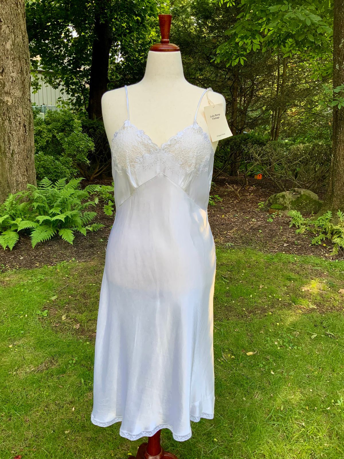 1930s White Satin Bias Cut Slip Dress with Floral Lace .40BT