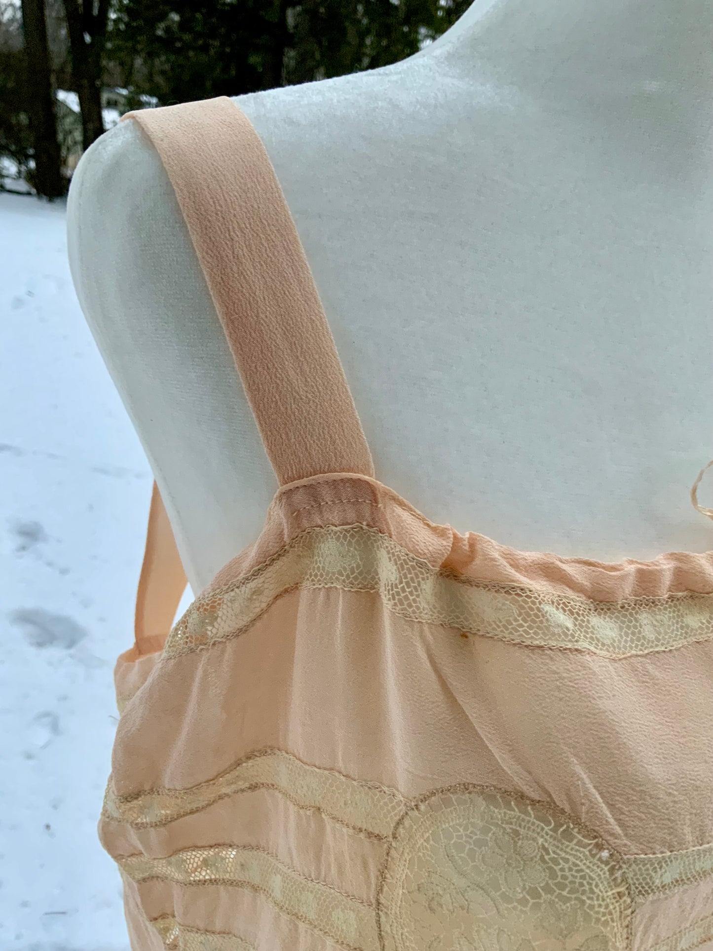 Circa 1912–1918 Blush Pink Silk Chiffon Teddy with Antique Lace – Edwardian Boudoir Lingerie-ED47