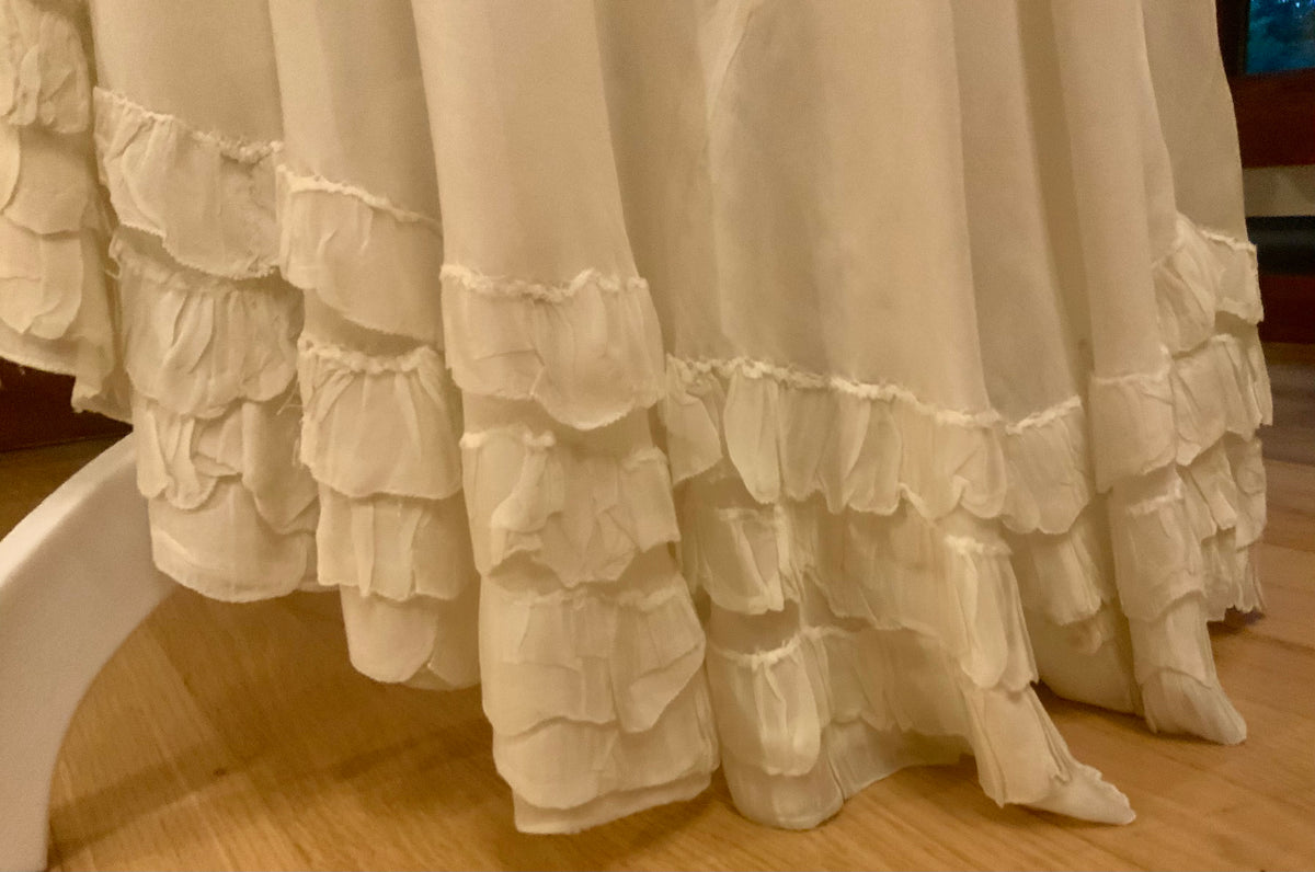 Antique Ivory Chiffon Gown with Ruffled Hem and Lace Appliqué.20ARR