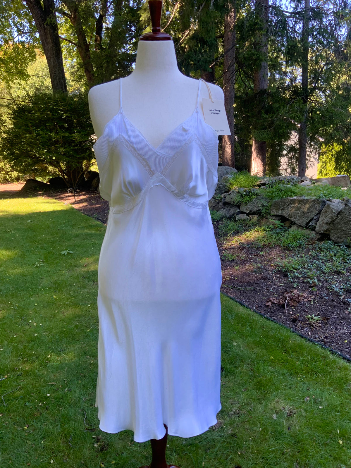 1930s White Satin Slip Dress Bias Cut Bridal Lingerie with Lace and Pleated Bust.40BU