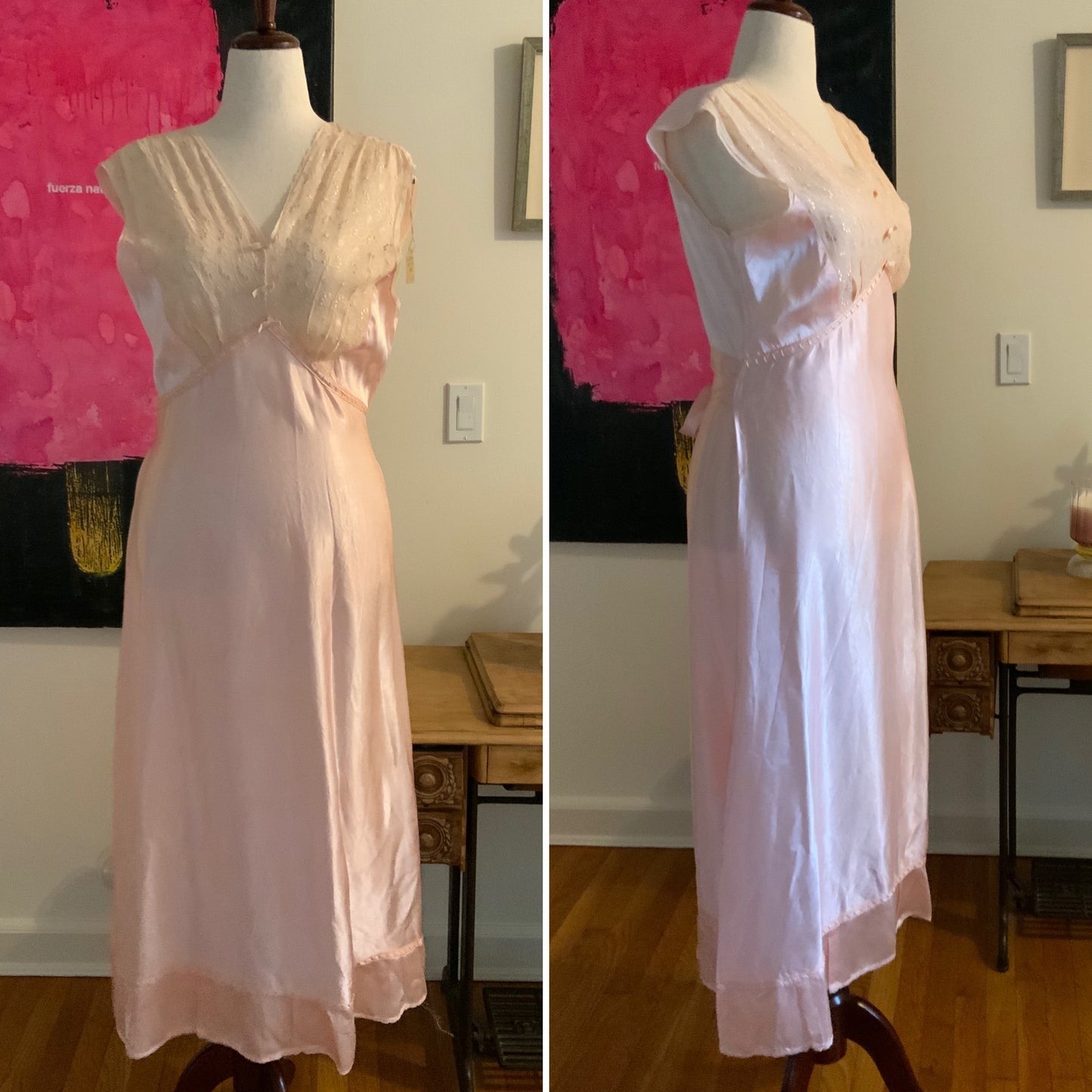 Satin  PeachNightgown Embroidered - 40s - L