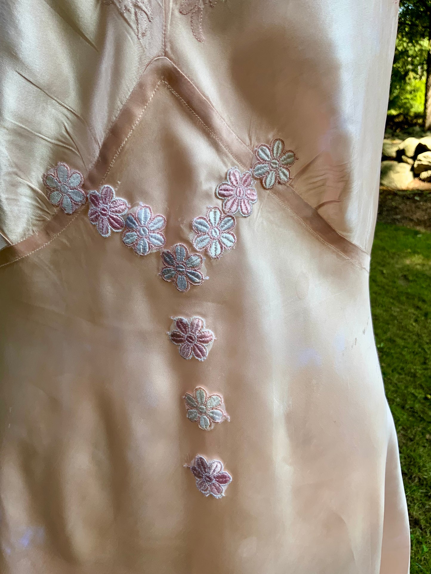 1940s Vintage Peach Satin Slip Dress Embroidered Floral Bodice Restored Bridal Boudoir Nightgown.40CG